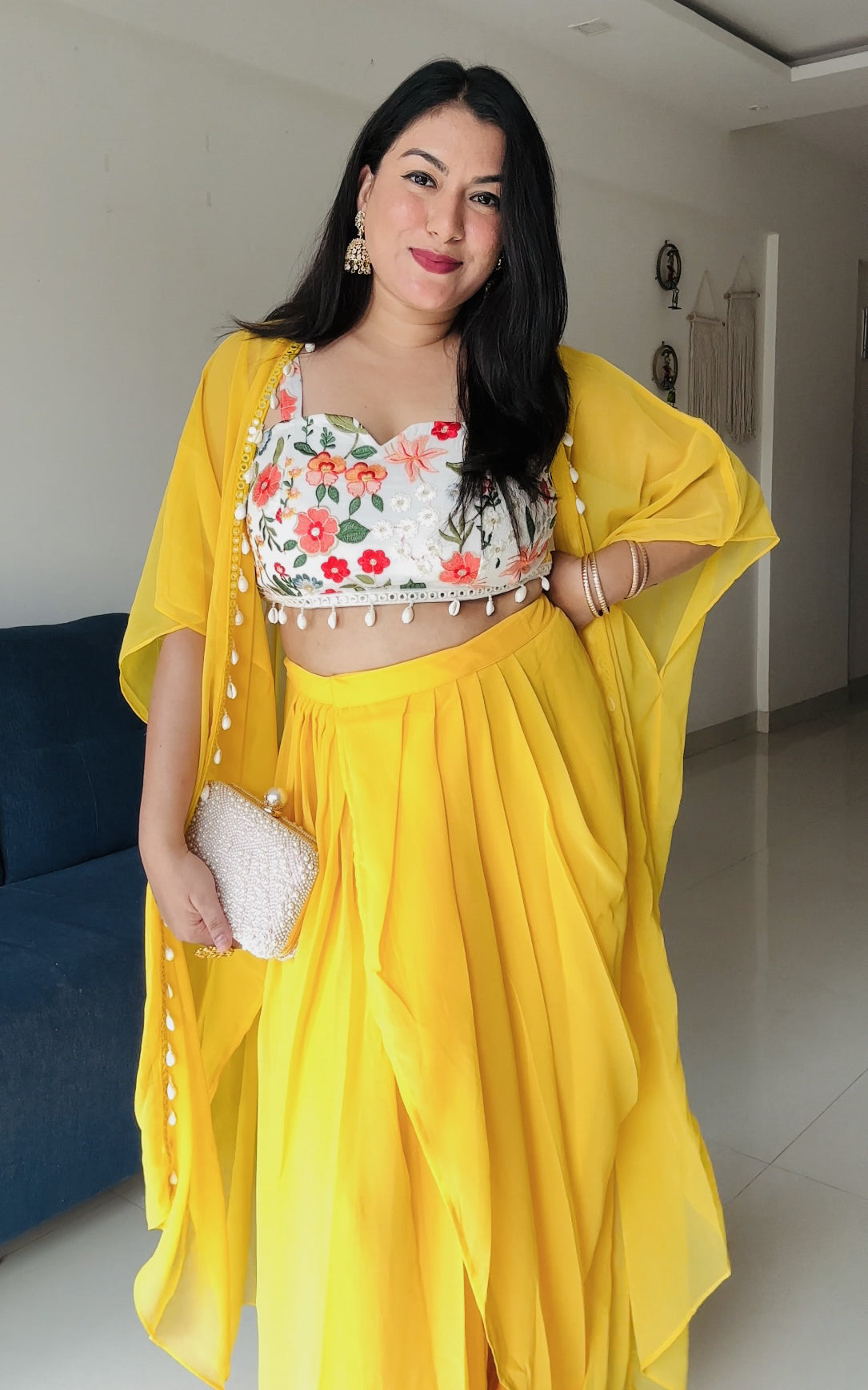Yellow Embroidered Crop-Top & Draped Skirt Co-ord Set