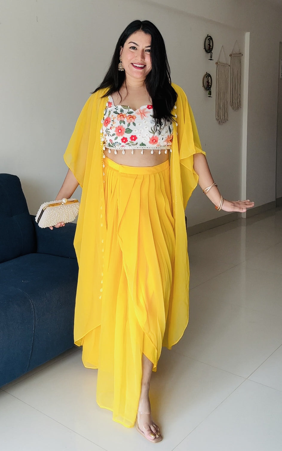 Yellow Embroidered Crop-Top & Draped Skirt Co-ord Set