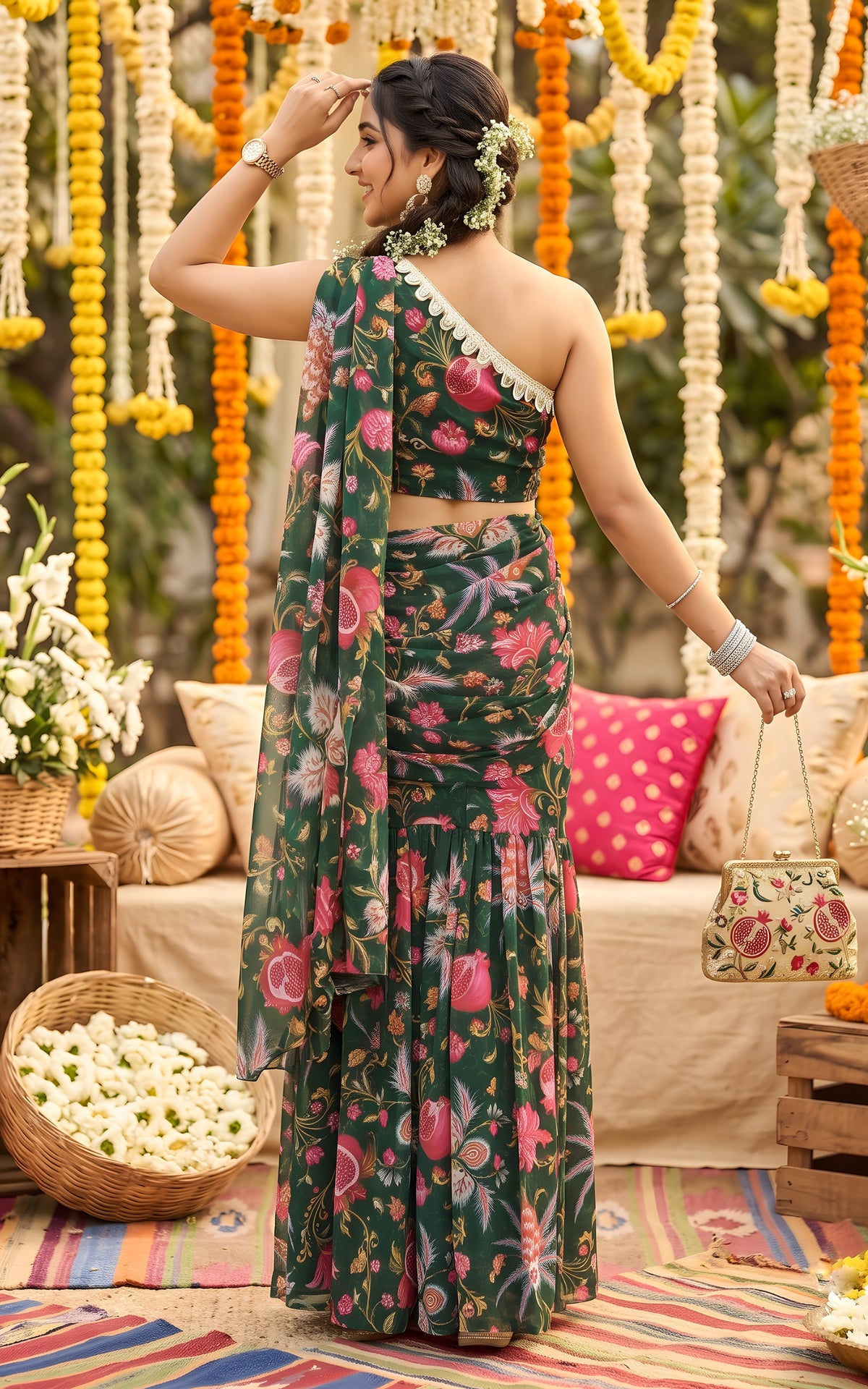 Bottle Green Anaar Print One-shoulder Pre-draped Sharara Saree