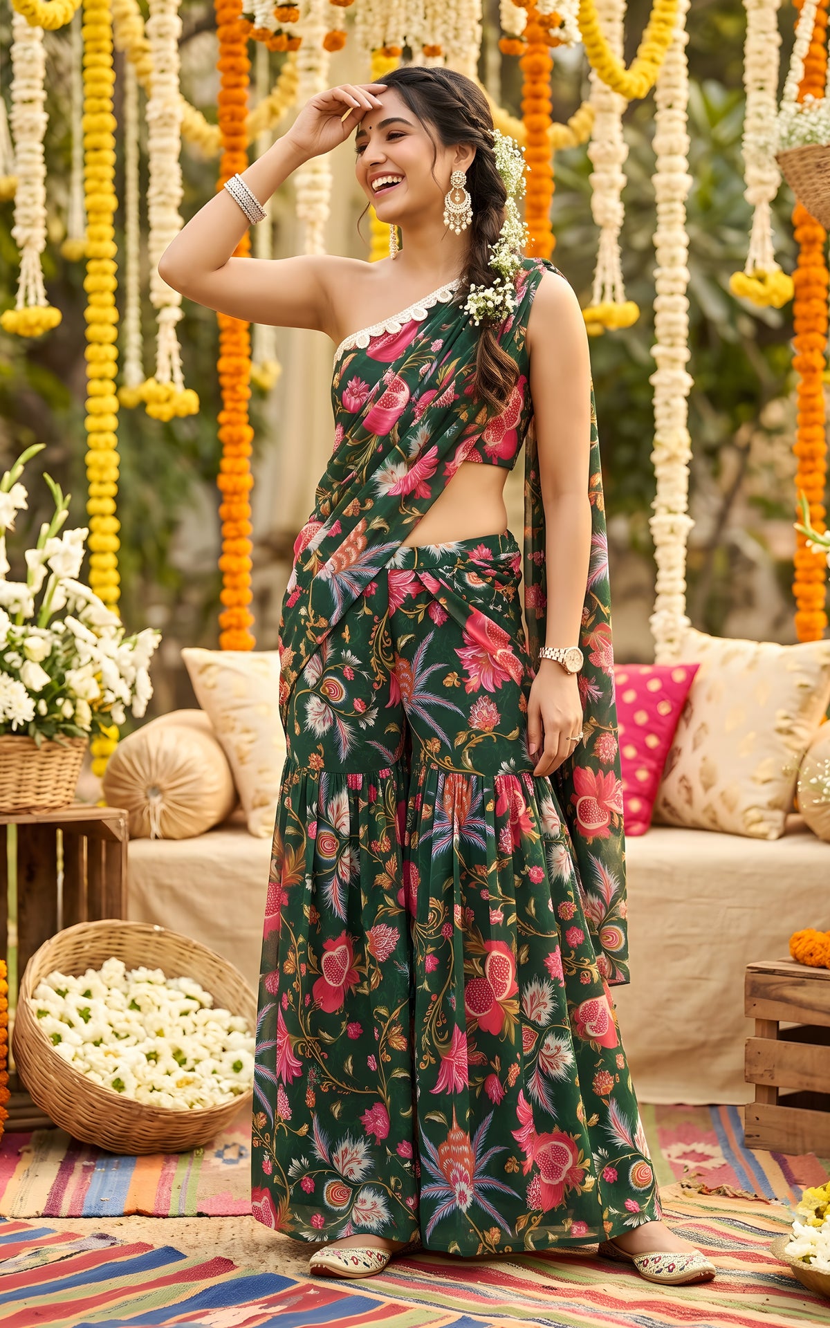 Bottle Green Anaar Print One-shoulder Pre-draped Sharara Saree