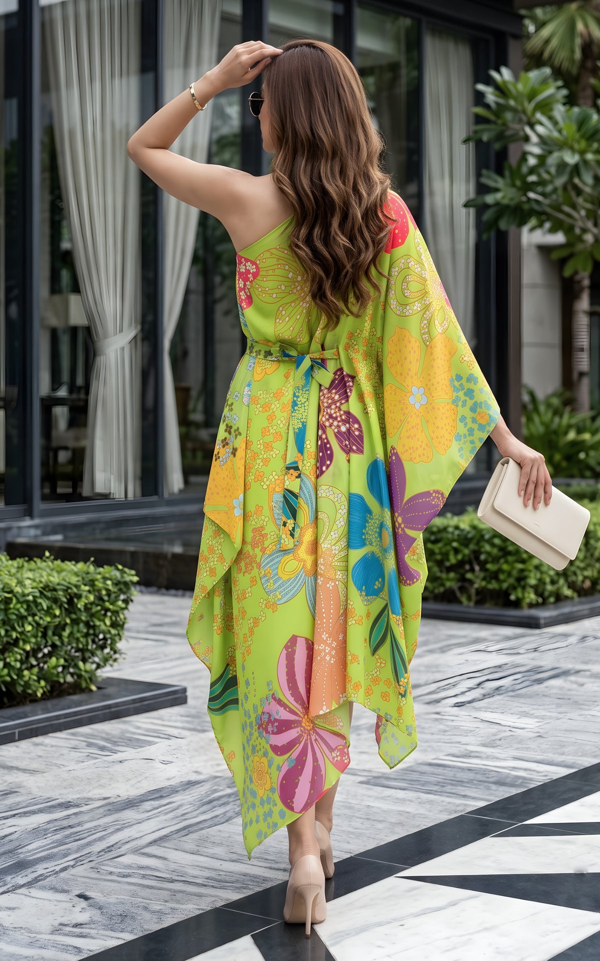 Green Floral Georgette One-Shoulder Draped Dress