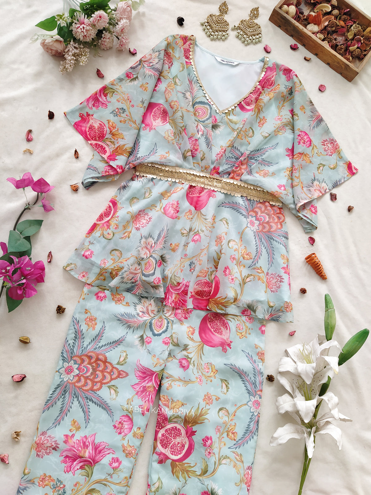Sky Blue Anaar Print Kaftan Top & Pants Co-ord Set