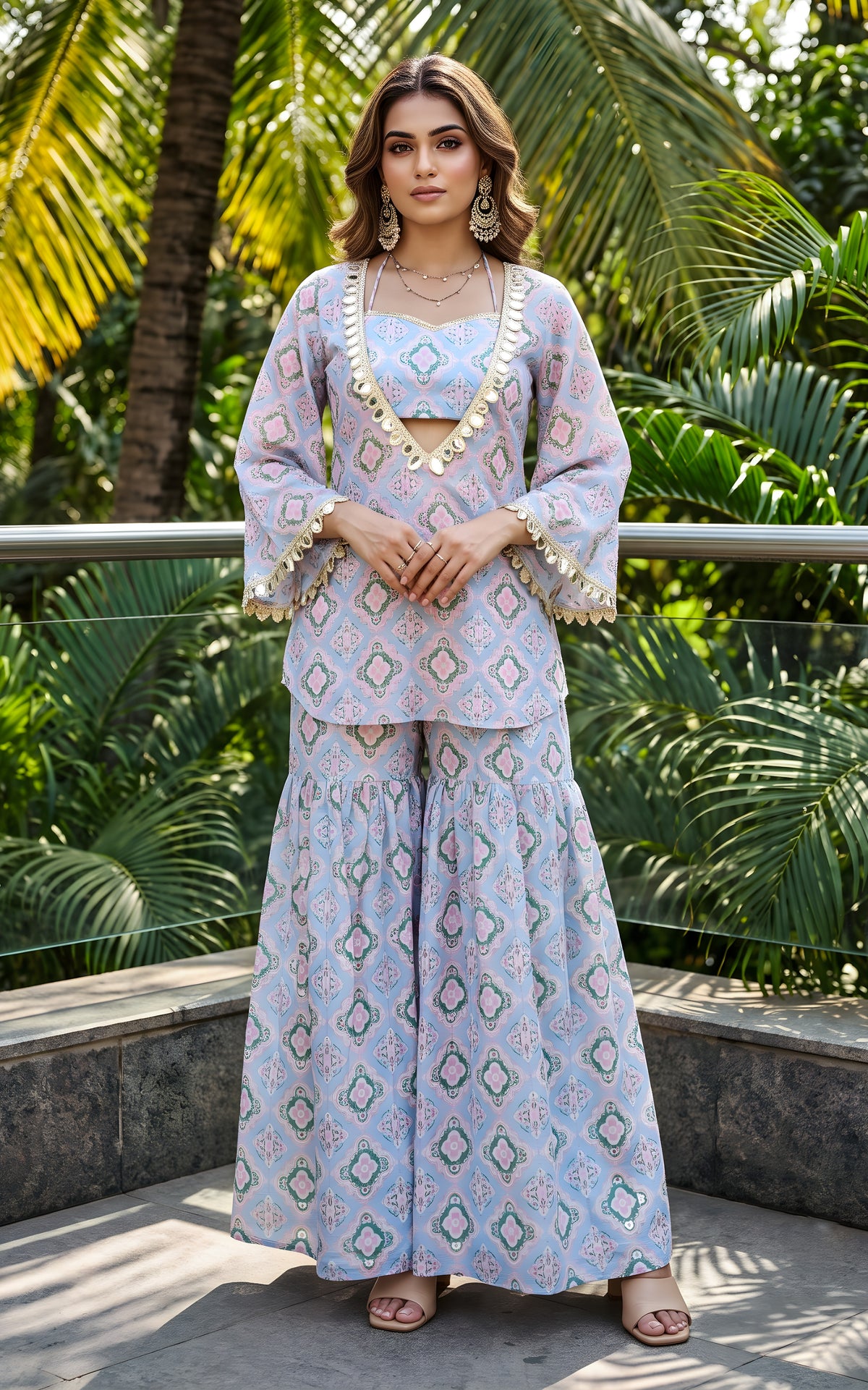 Cerulean Blue Geometric Print Kurta Cop-top and Sharara Set