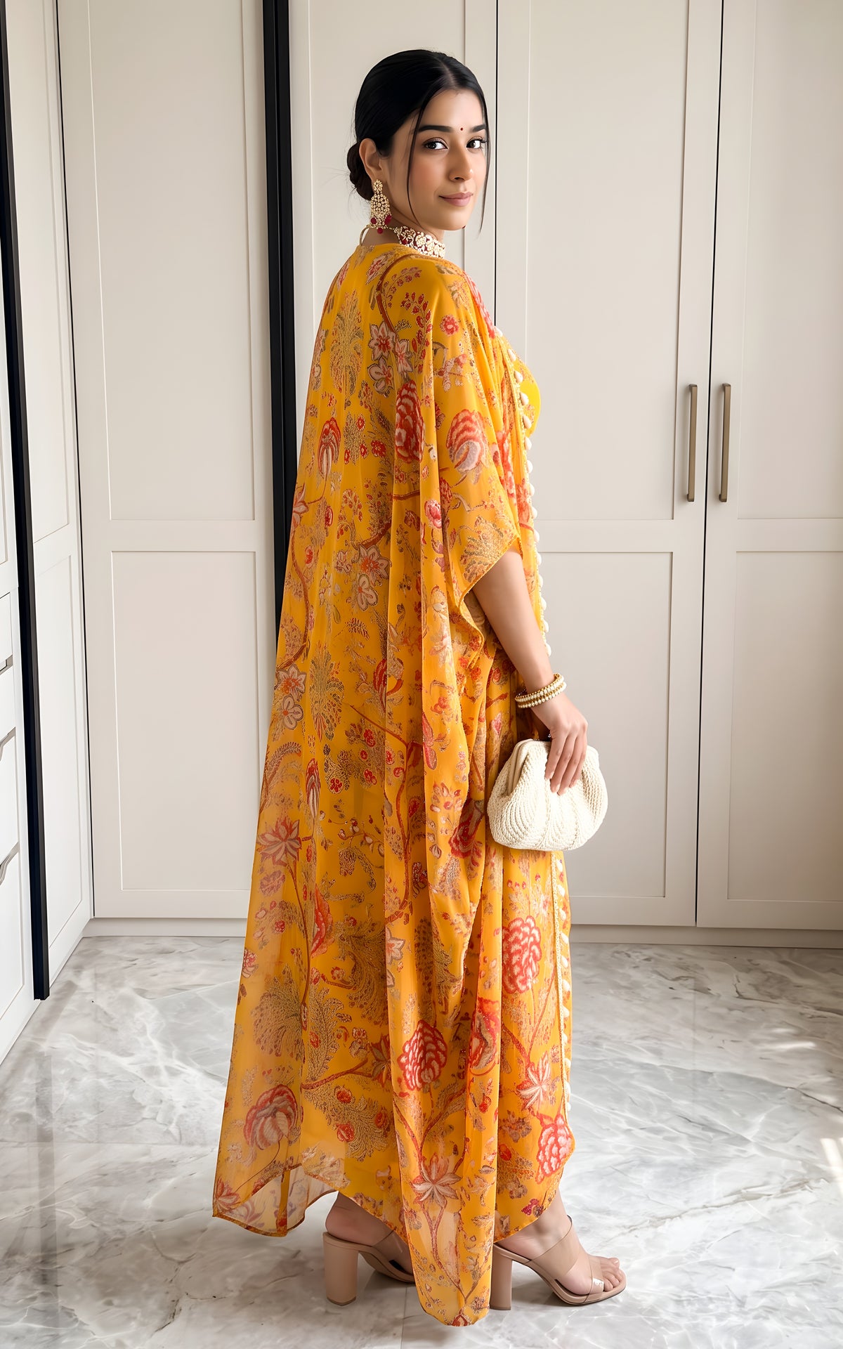 Niharika Mustard Floral Printed Georgette Crop Top & Draped Skirt Co-ord Set