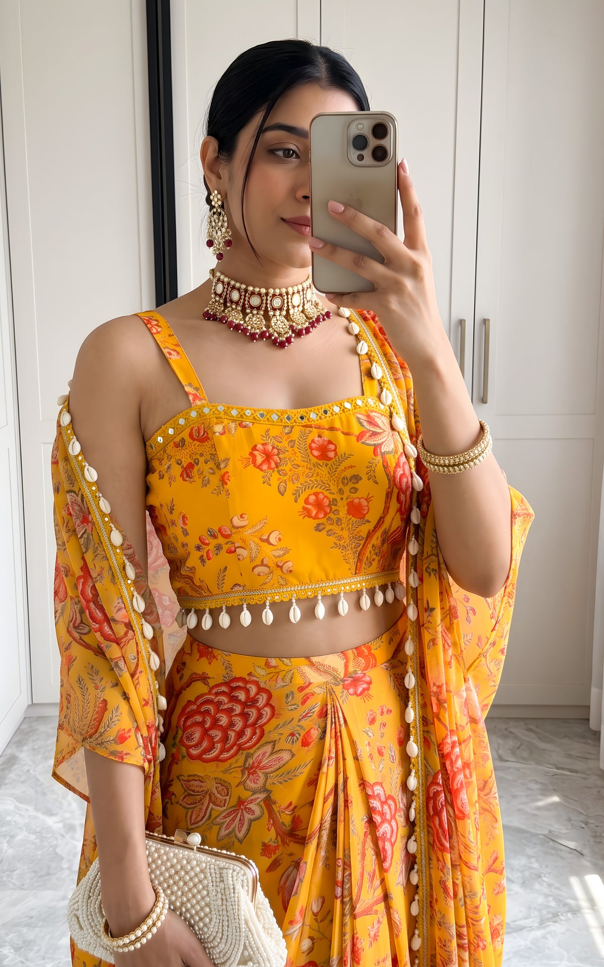 Niharika Mustard Floral Printed Georgette Crop Top & Draped Skirt Co-ord Set