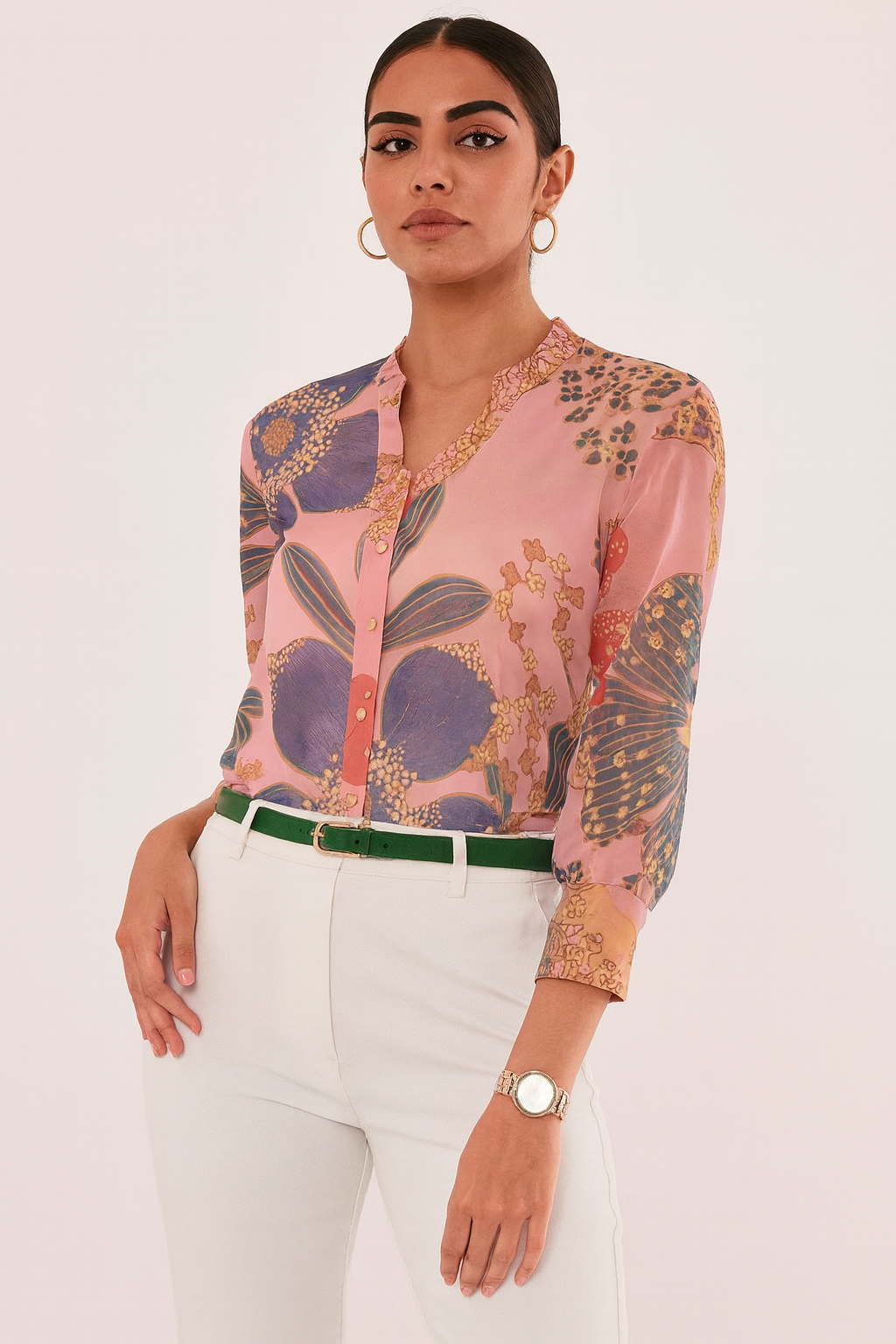 Pink Floral Printed Organza Shirt Top