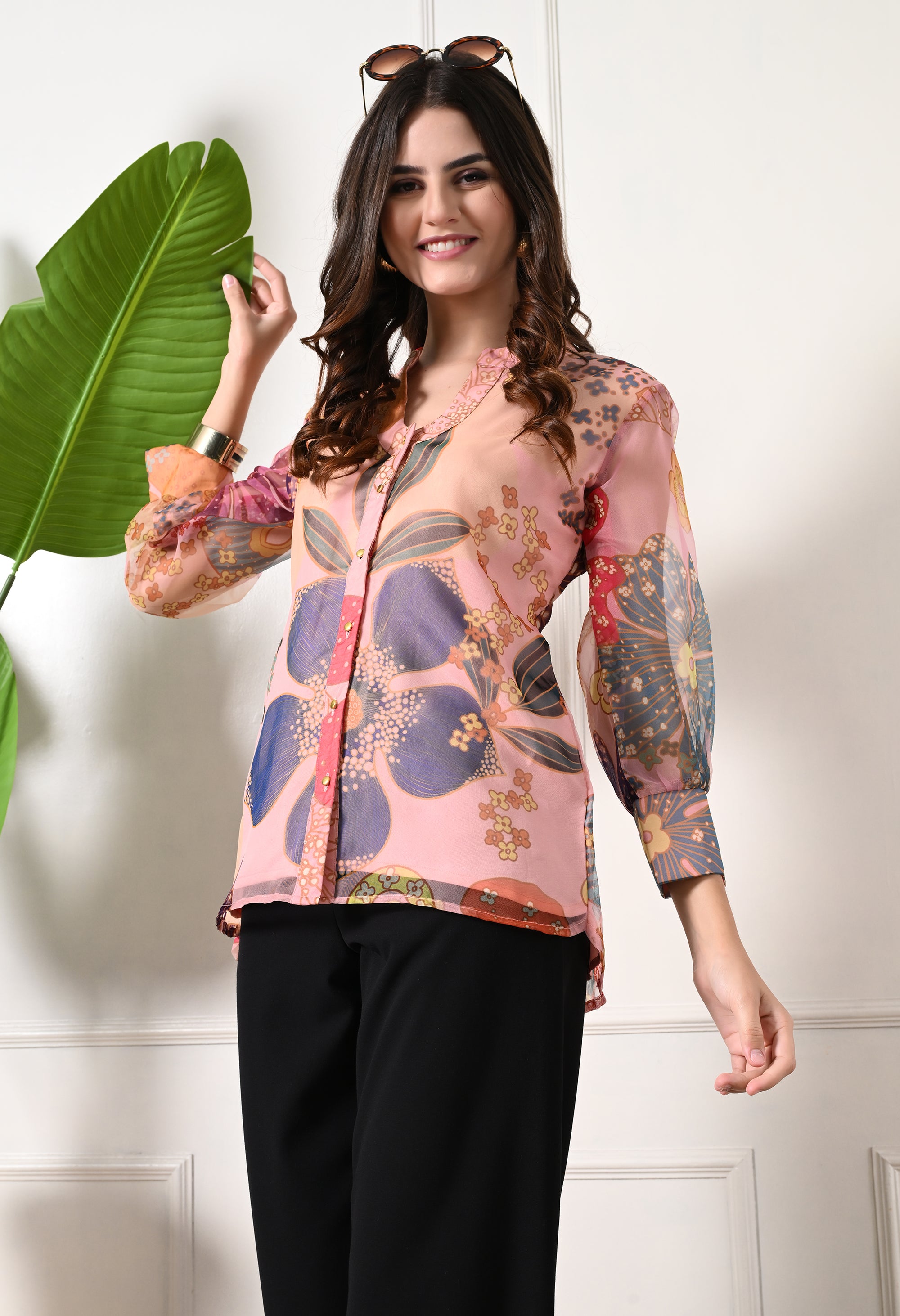 Premium Organza Pink And Green Long Length Curved Hem Digital Print Shirt