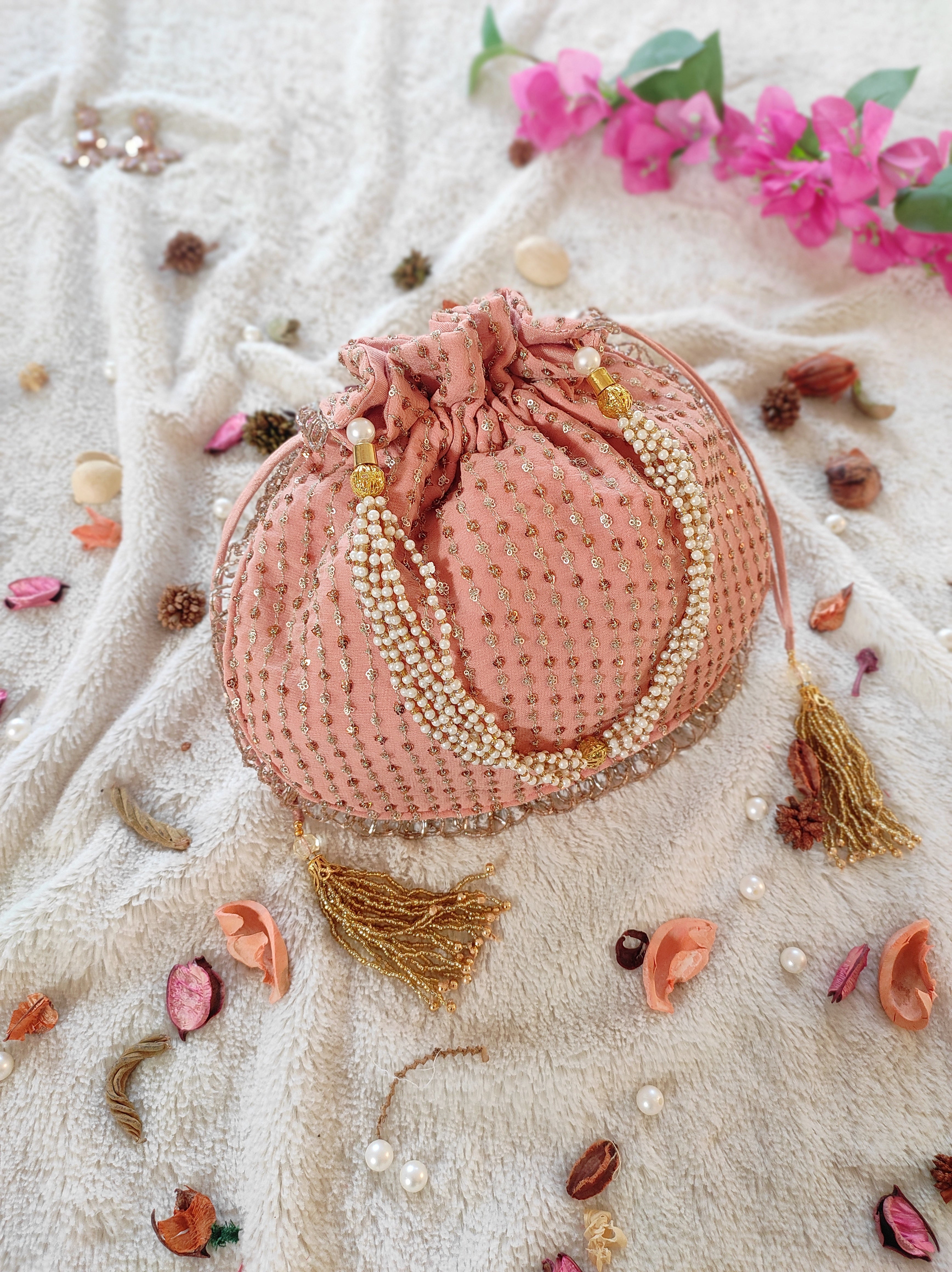 Old Rose Sequin Work Georgette Potli Bag
