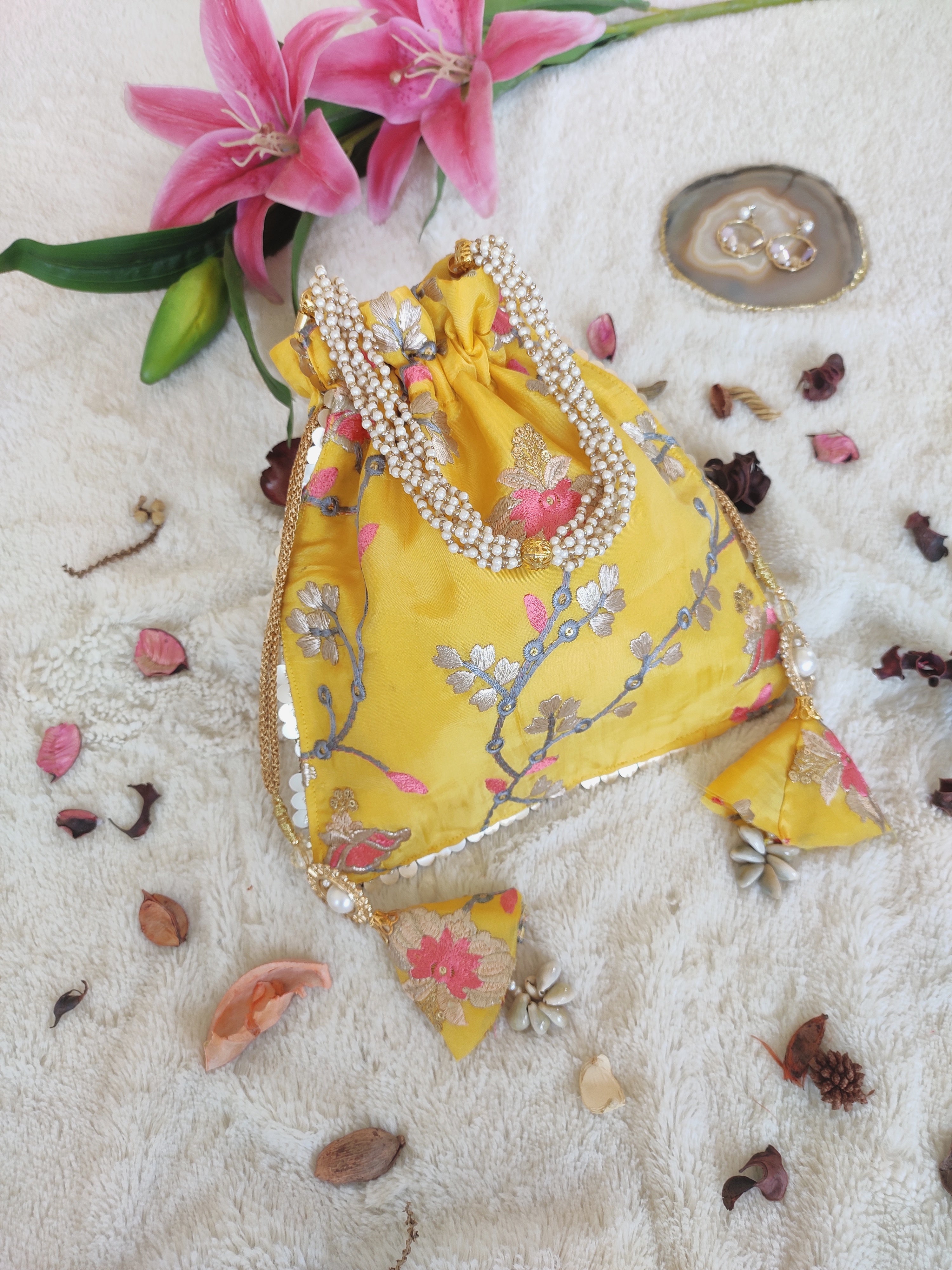 Yellow Embroidered Potli Bag