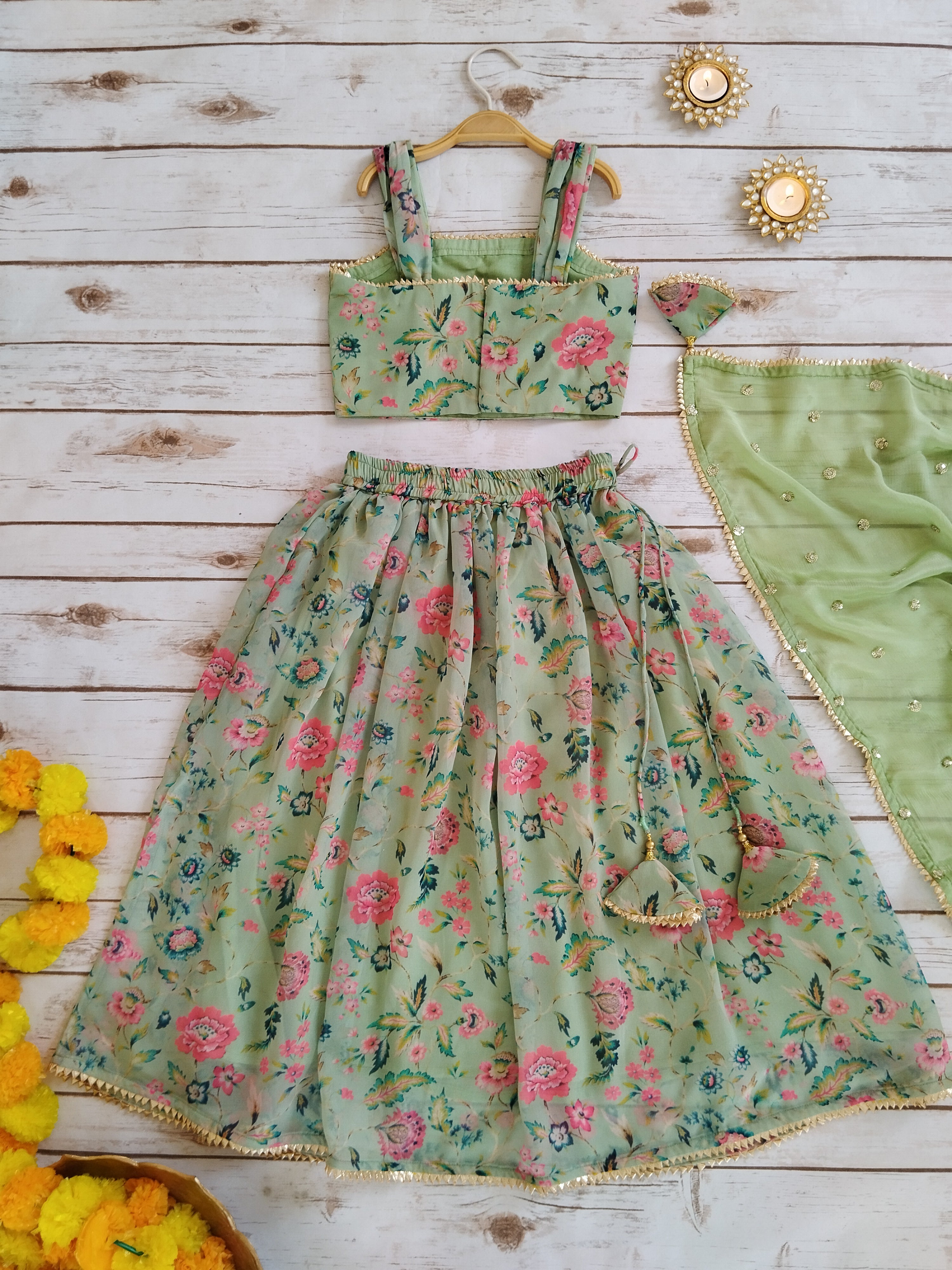 Sage Green Floral Printed Georgette Kids Lehenga