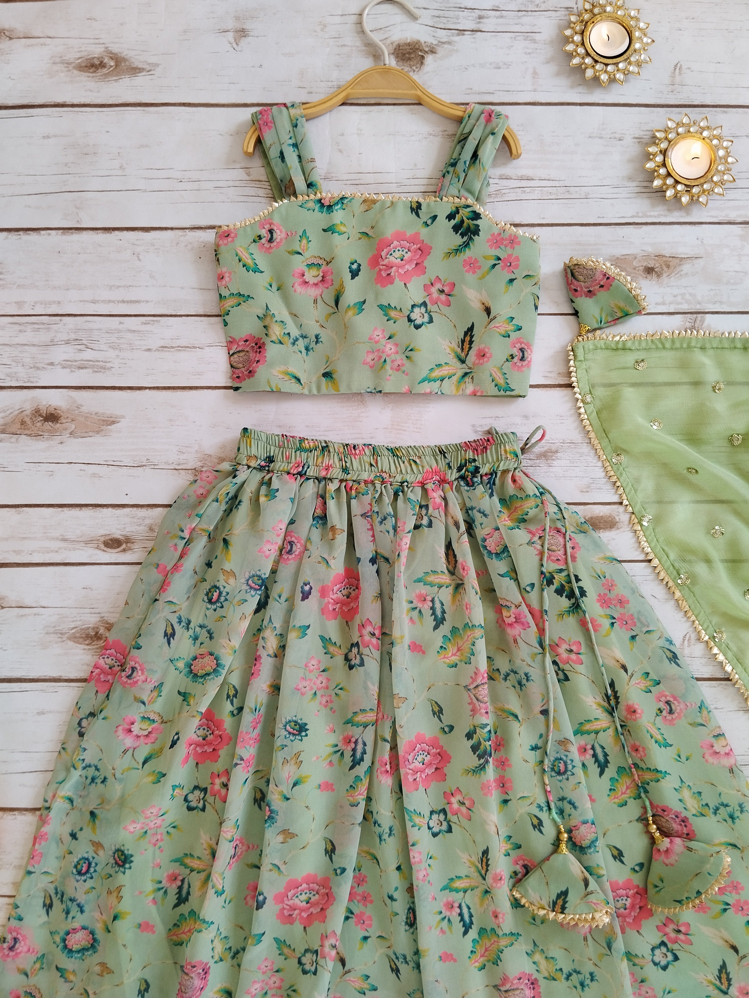 Sage Green Floral Printed Georgette Kids Lehenga