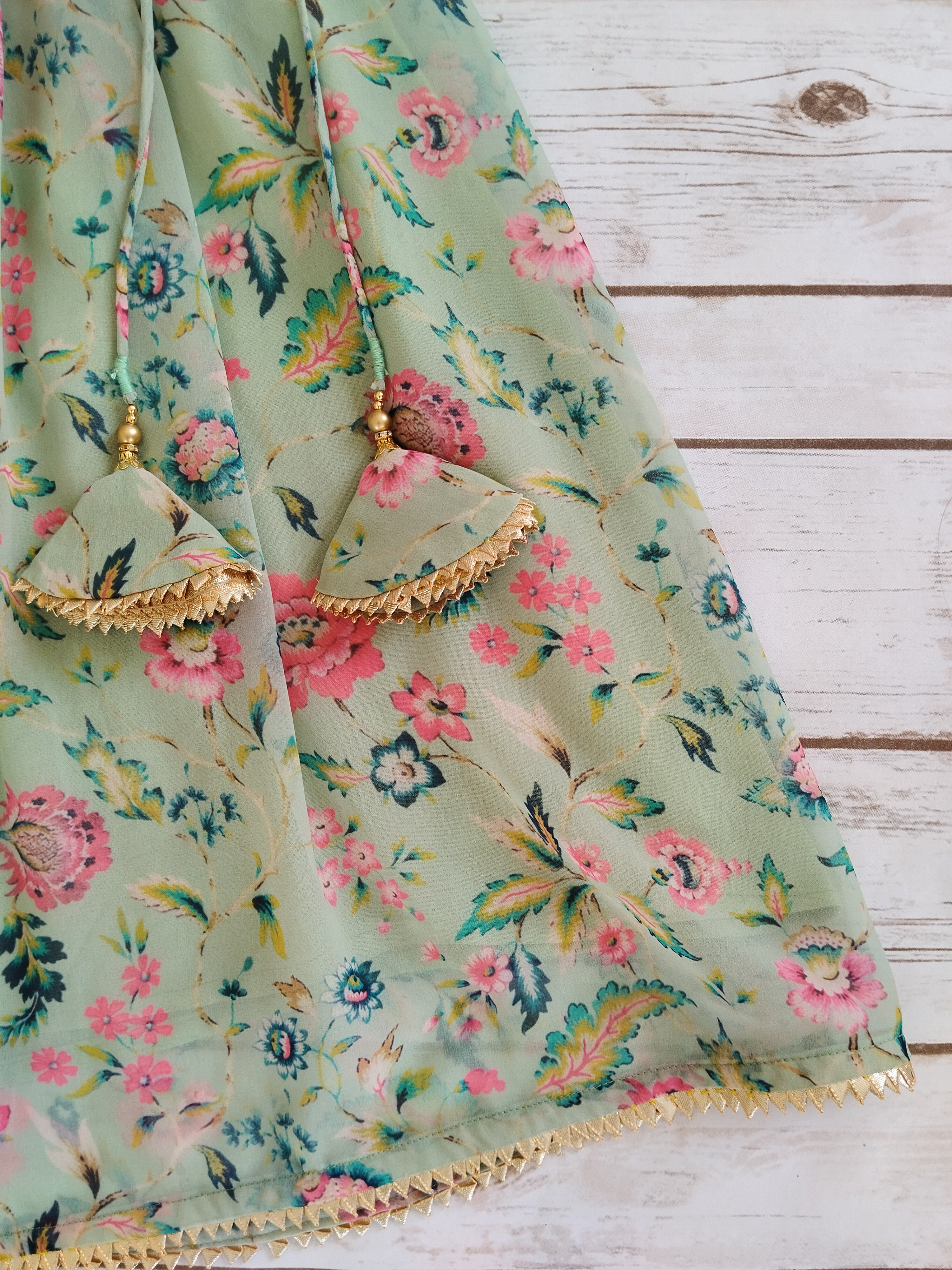 Sage Green Floral Printed Georgette Kids Lehenga