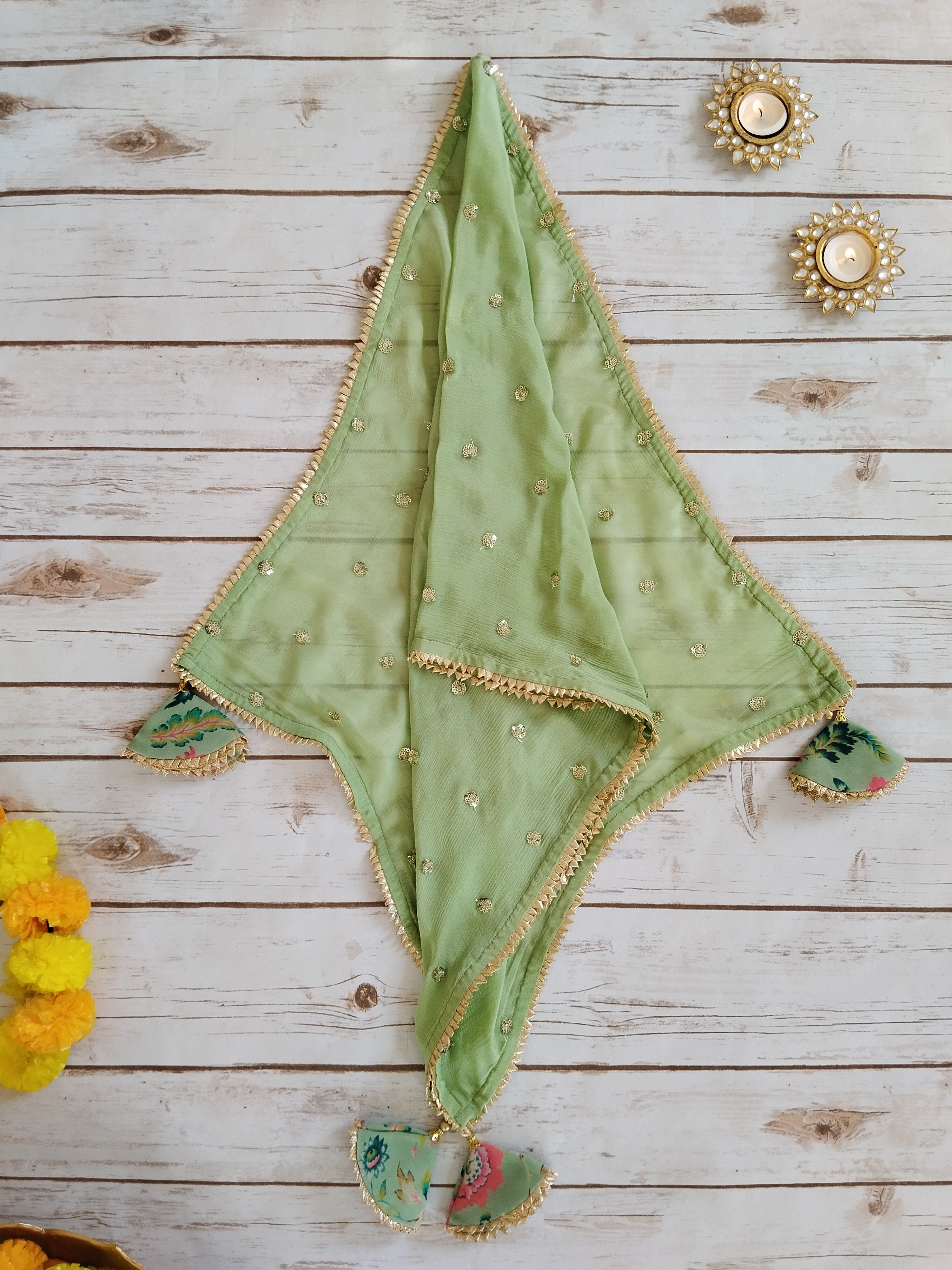 Sage Green Floral Printed Georgette Kids Lehenga