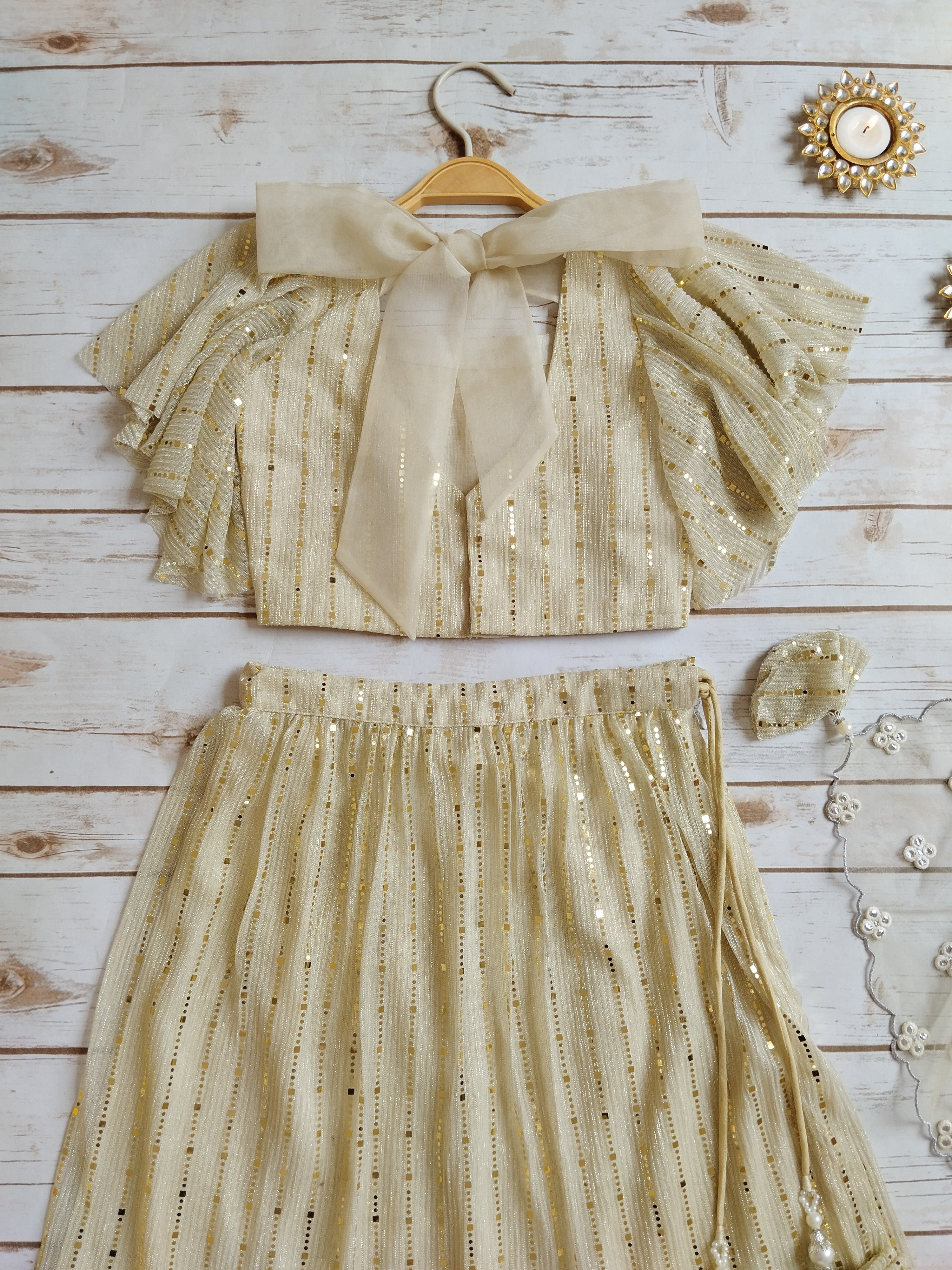 Off White Shimmer Kids Lehenga