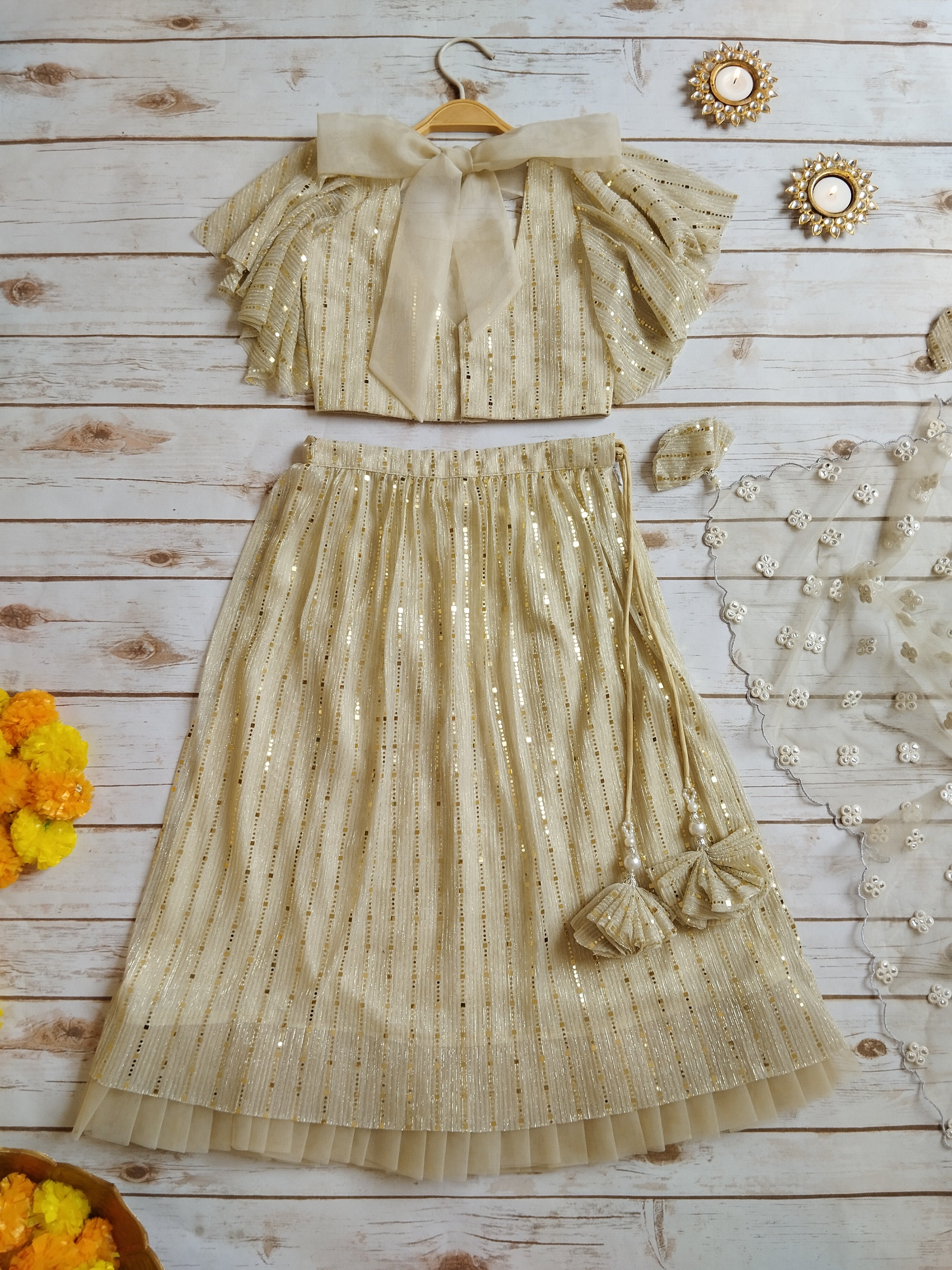Off White Shimmer Kids Lehenga