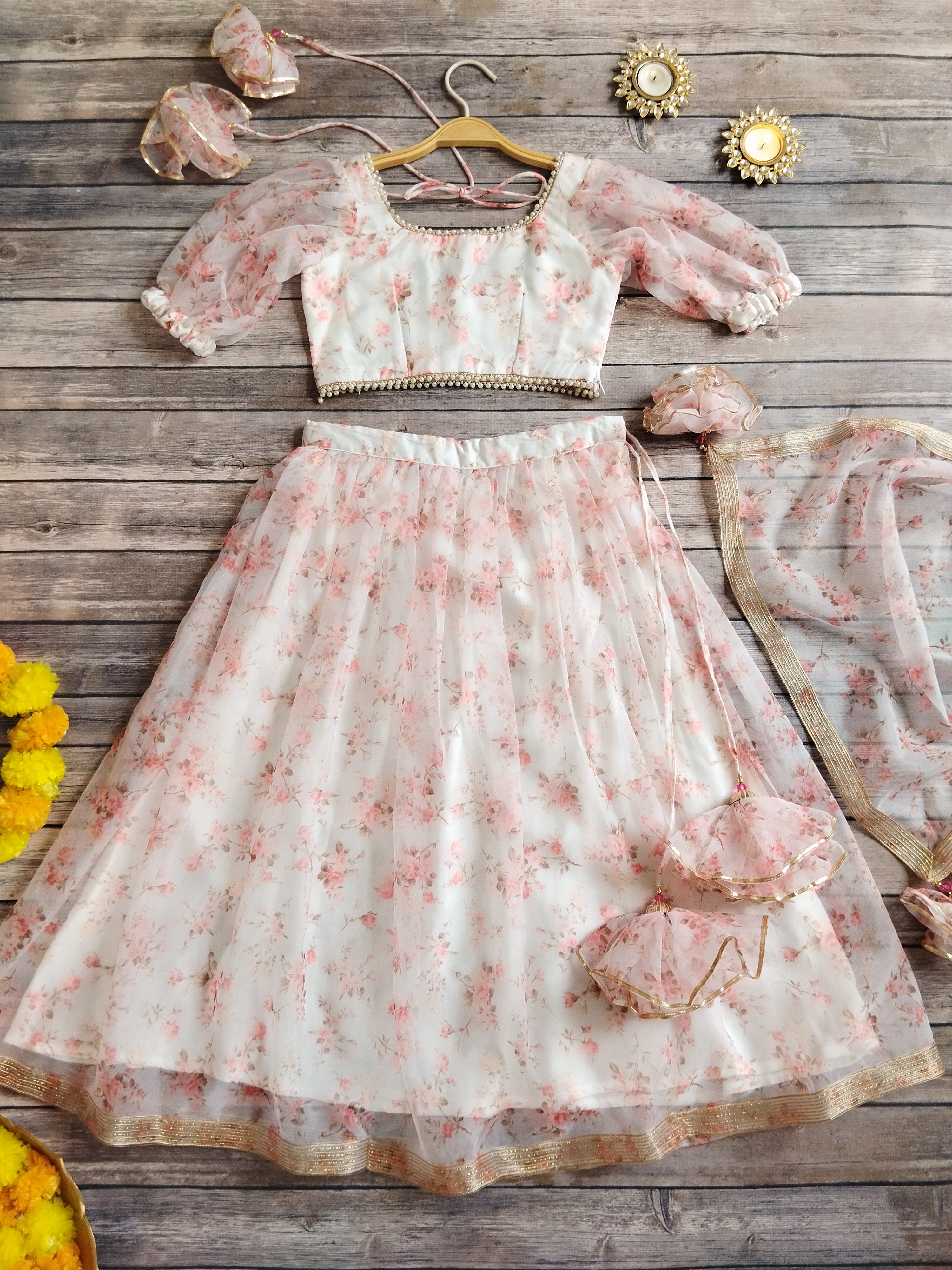 White Floral Organza Kids Lehenga