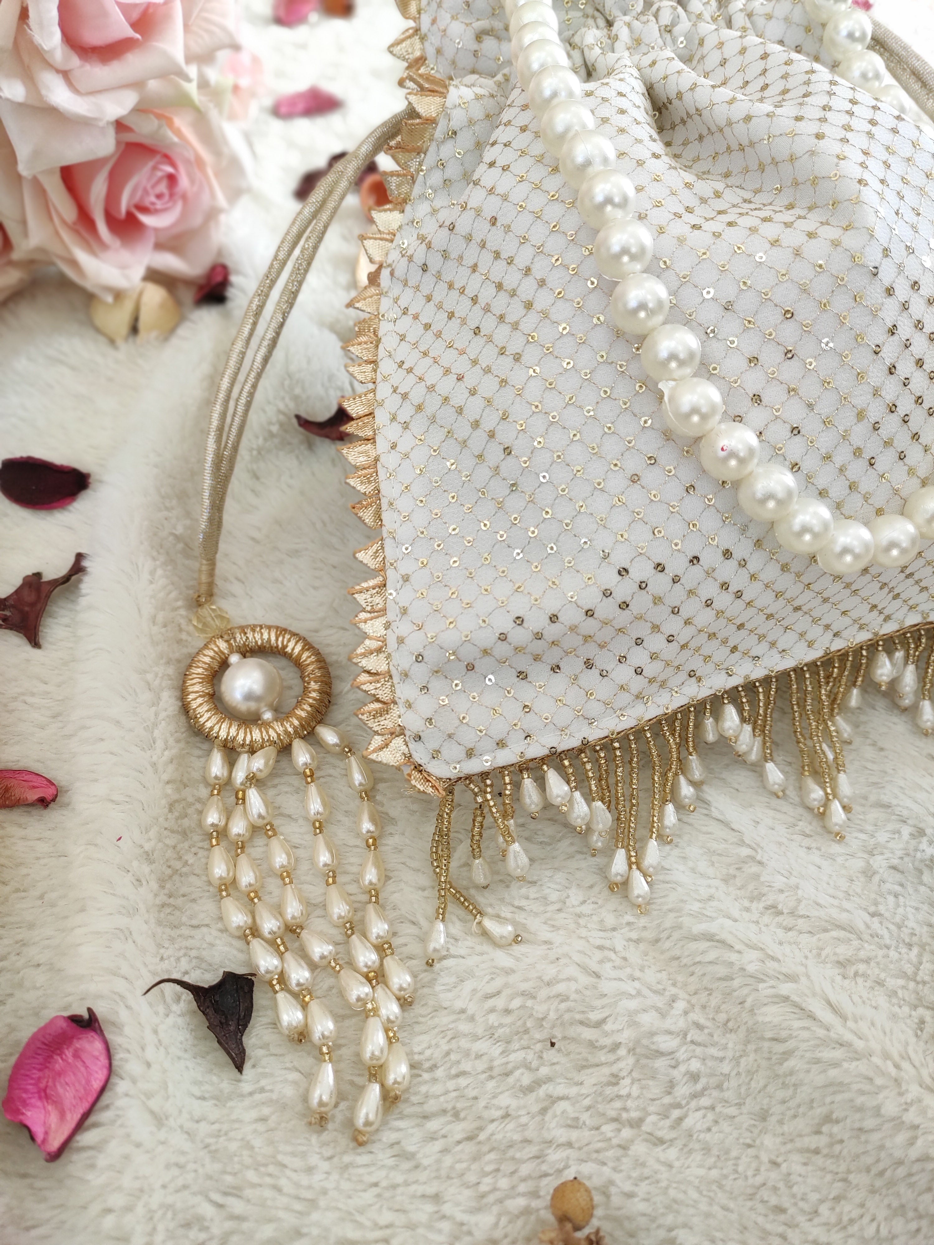 White Golden Sequinned Georgette Potli Bag