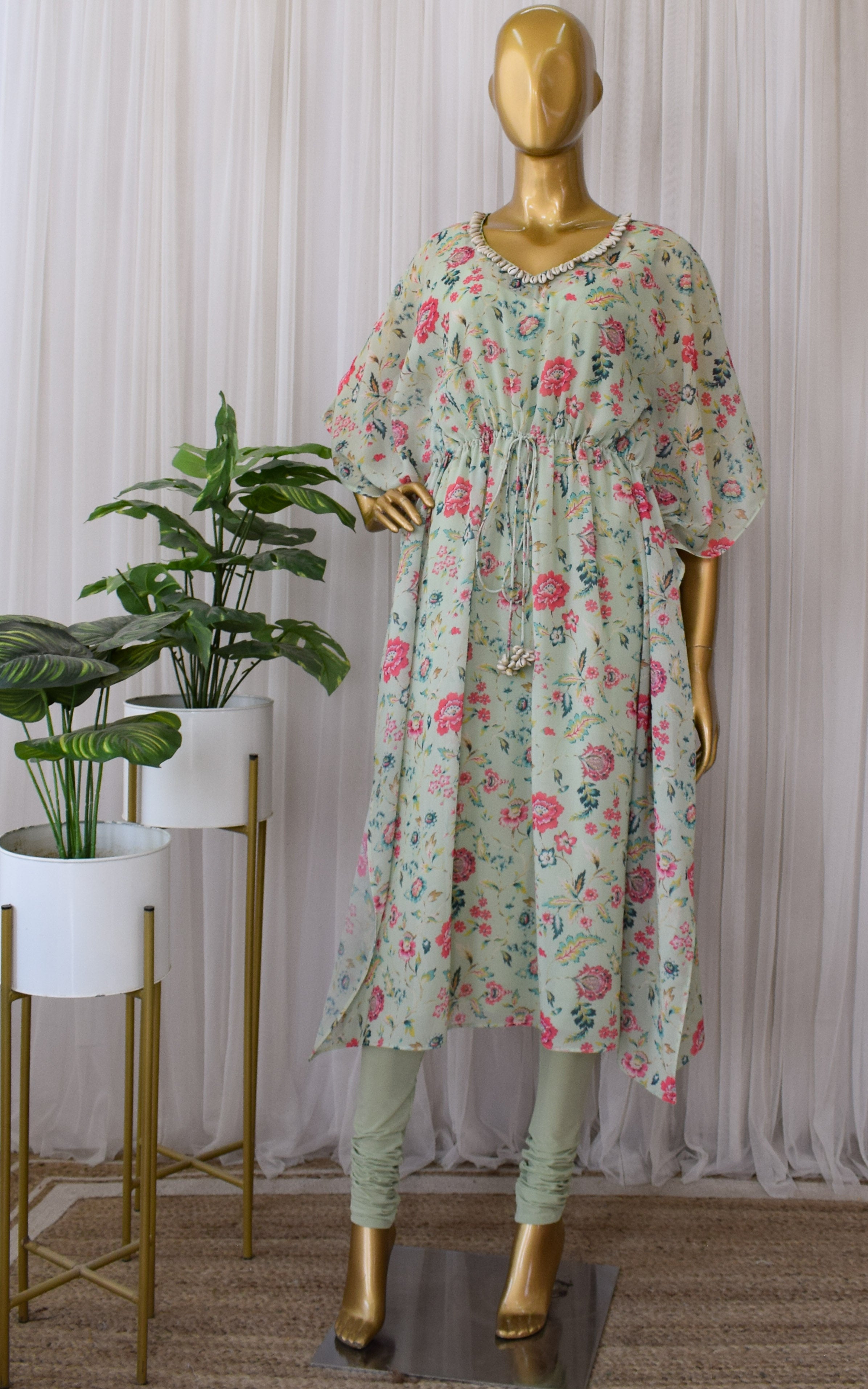 Sage Green Floral Printed Georgette Kaftan Set