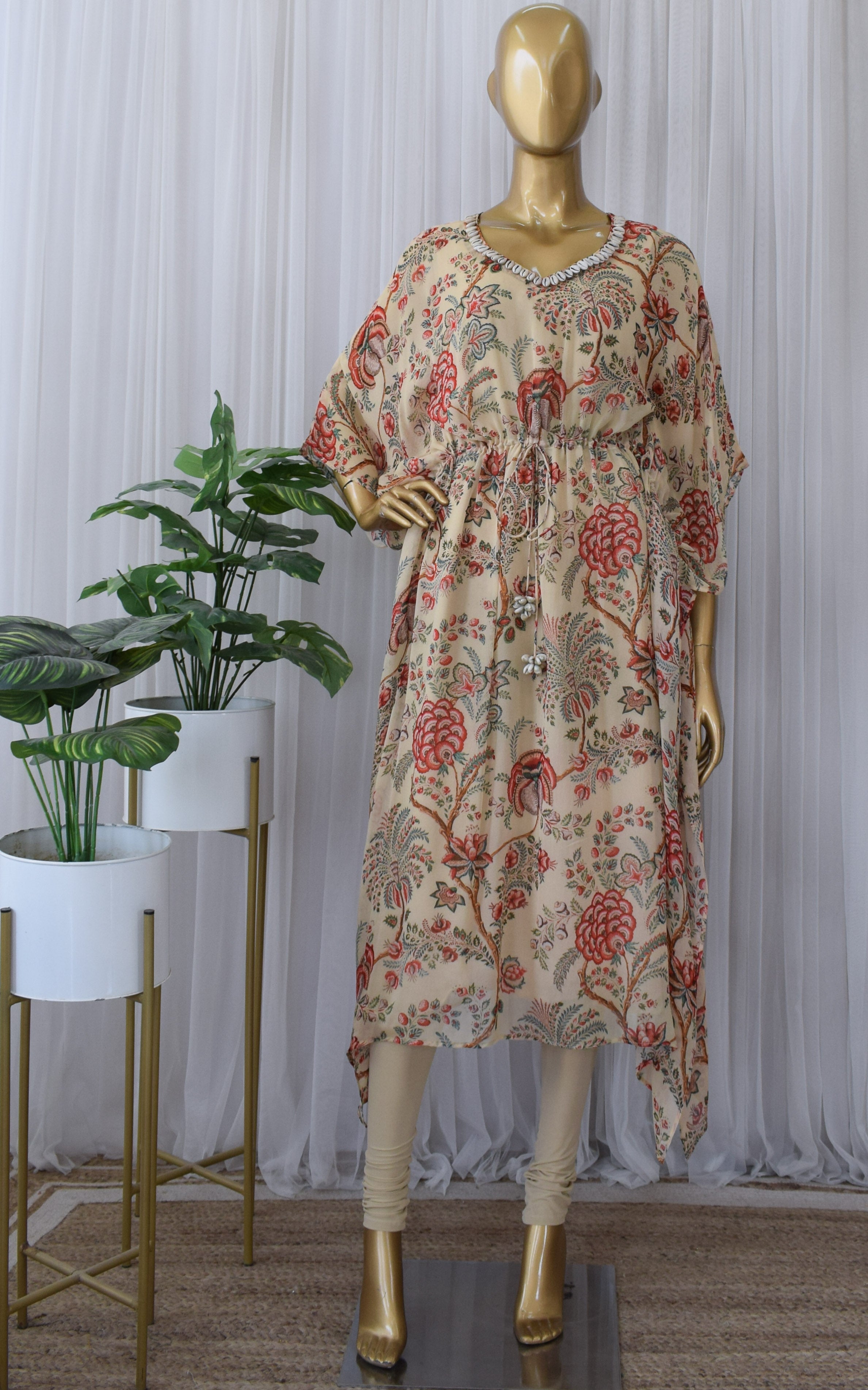 Beige Tropical Floral Printed Georgette Kaftan Set