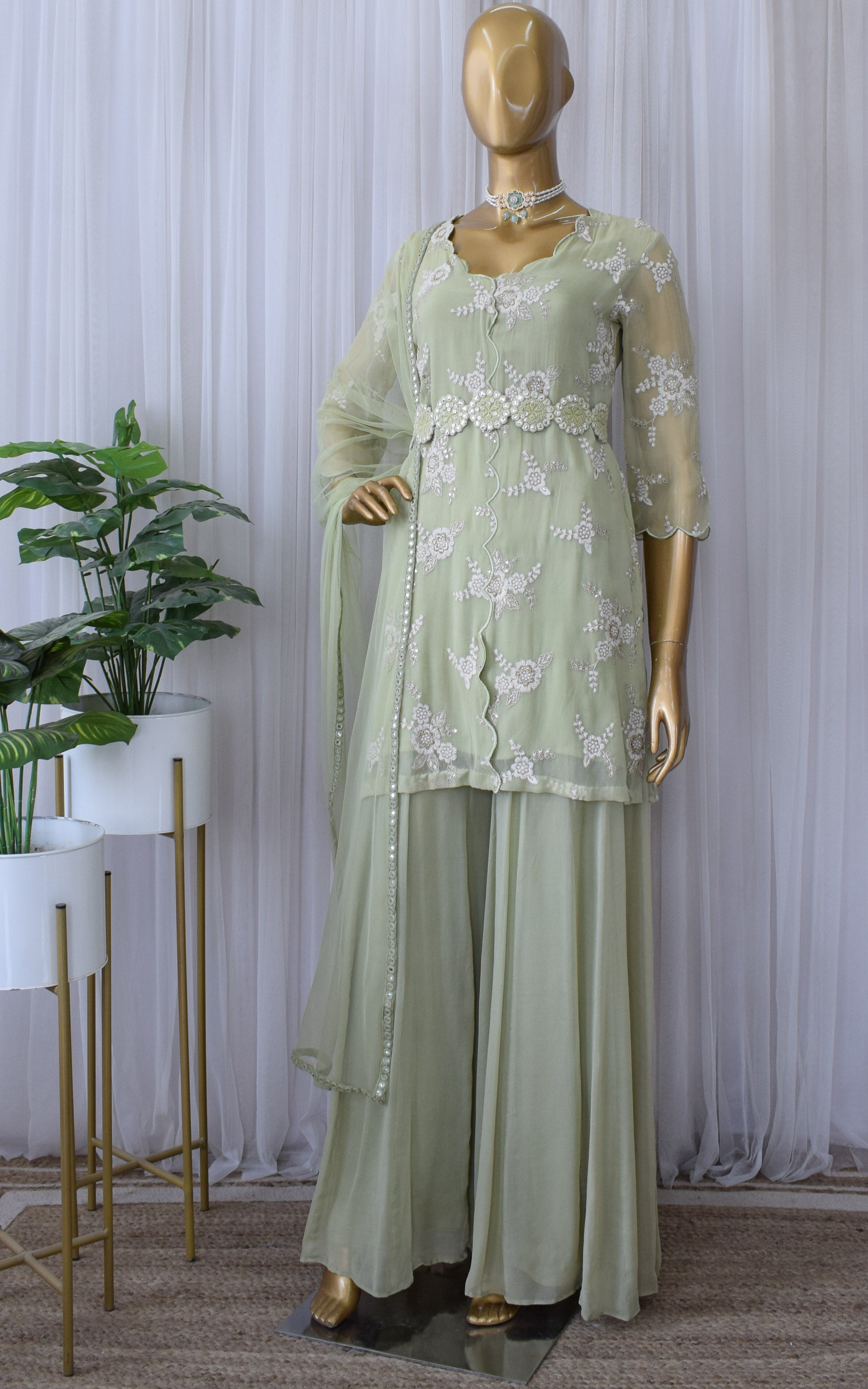 Sage Green Embroidered Sharara Set