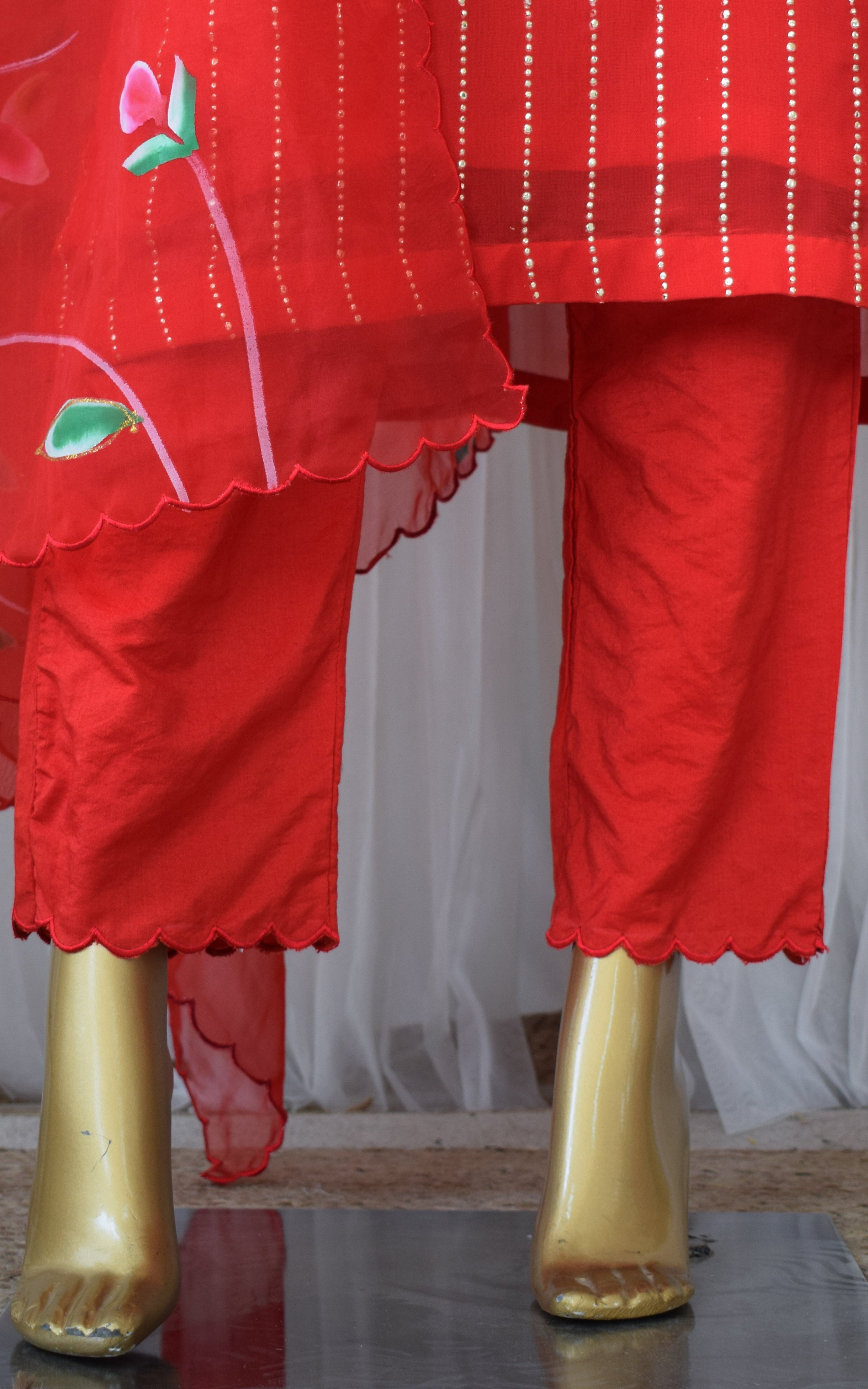 Red Mukaish Georgette Kurta Set with Hand Painted Organza Dupatta