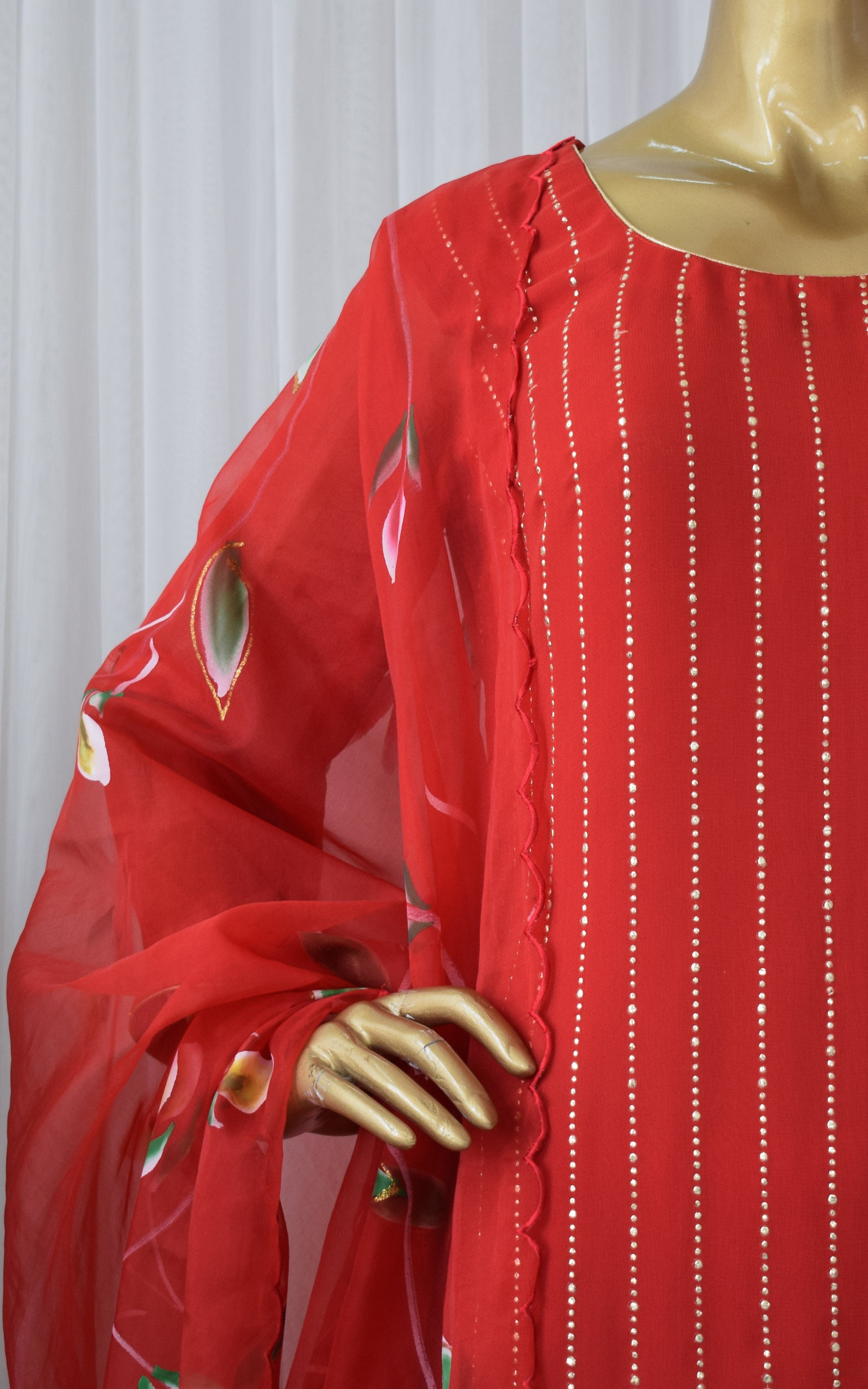 Red Mukaish Georgette Kurta Set with Hand Painted Organza Dupatta