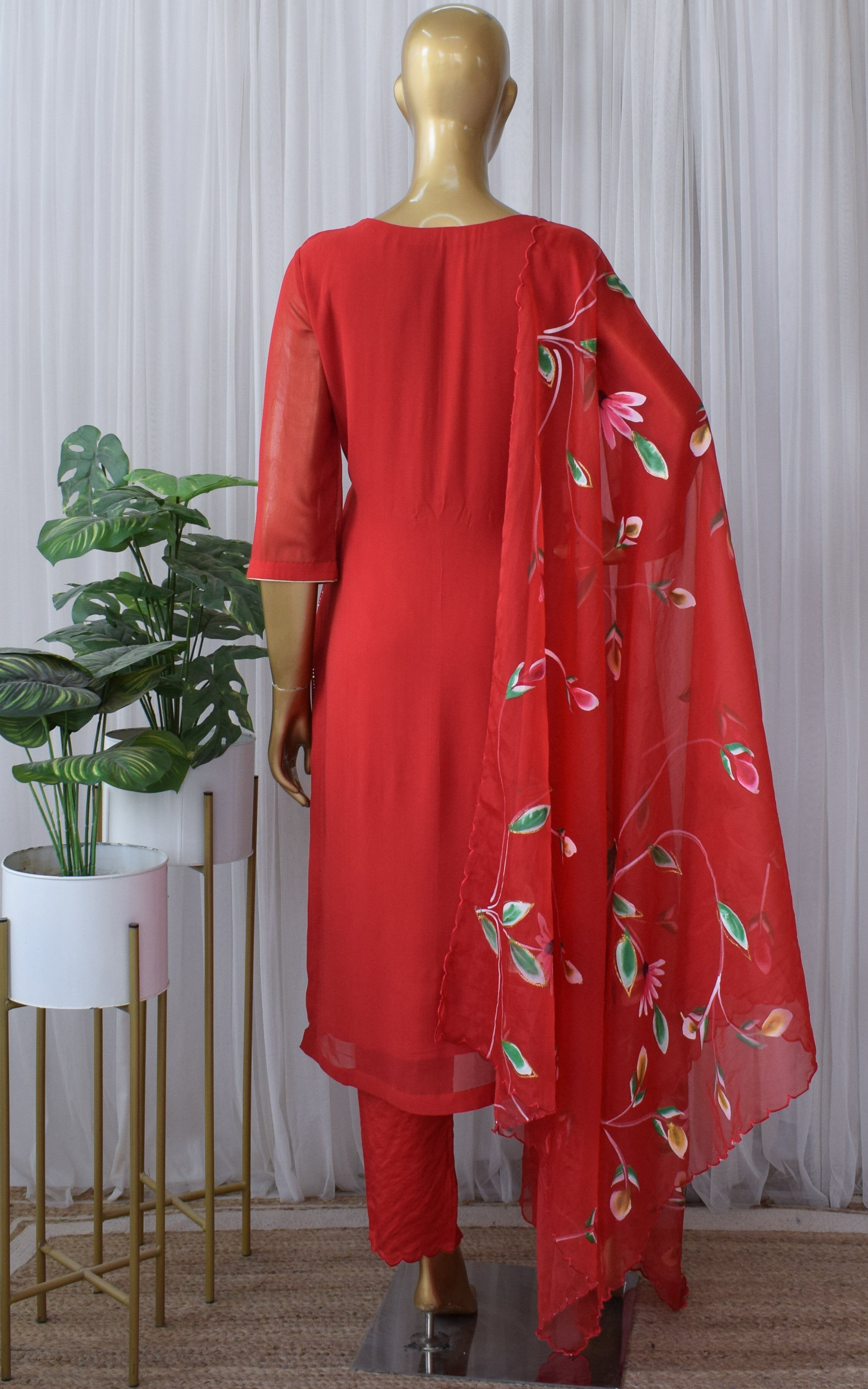 Red Mukaish Georgette Kurta Set with Hand Painted Organza Dupatta