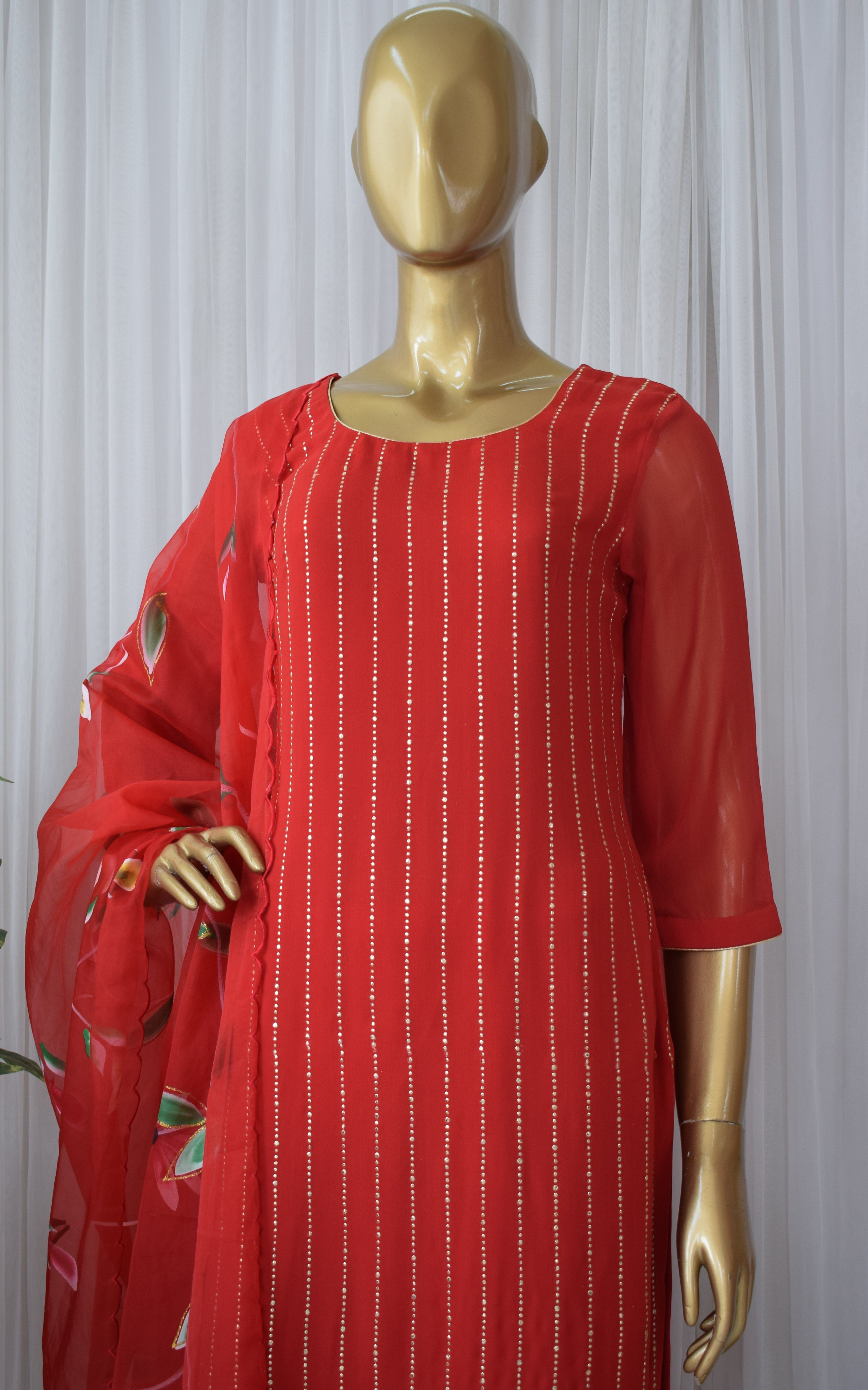 Red Mukaish Georgette Kurta Set with Hand Painted Organza Dupatta