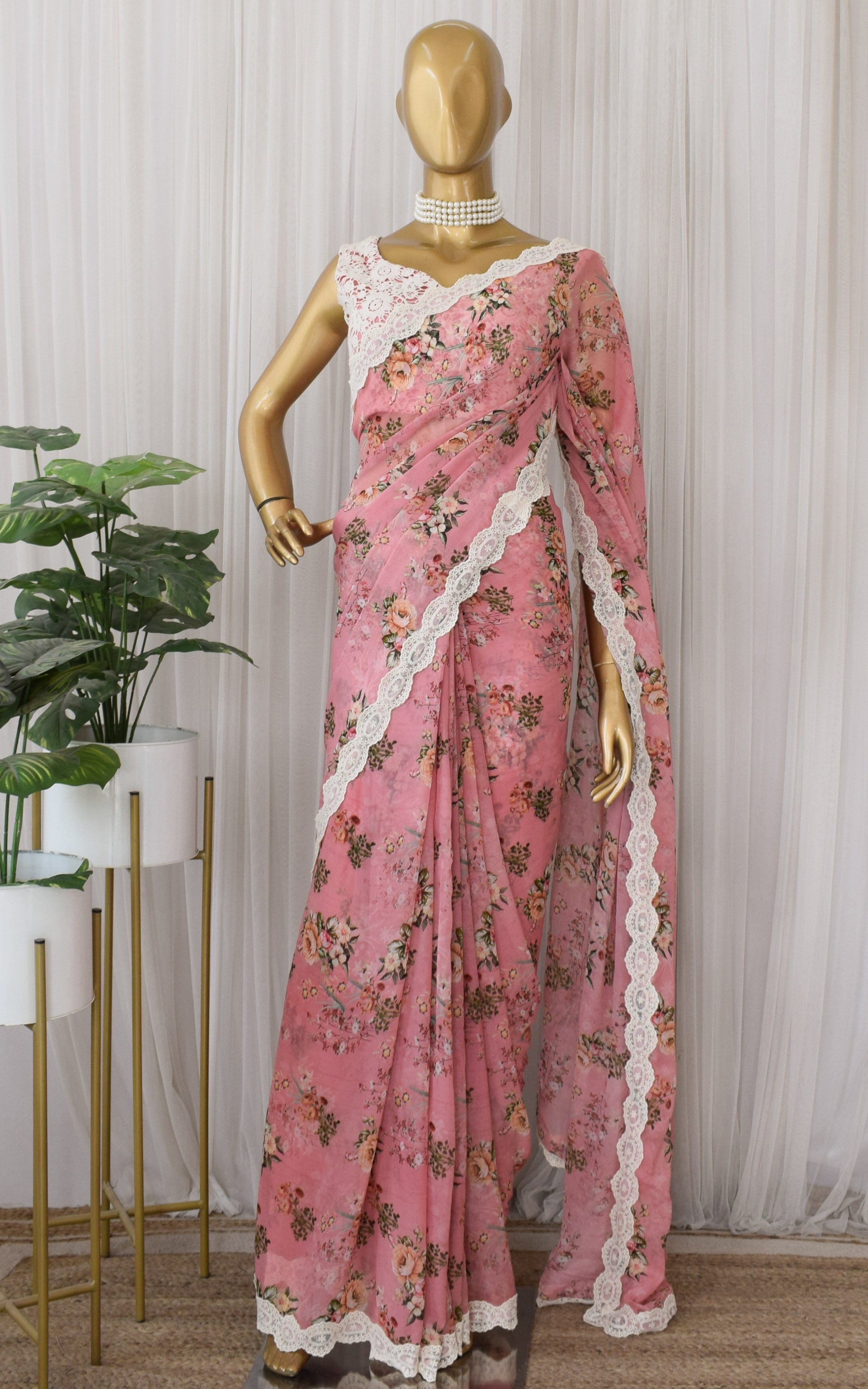 Vintage Pink Floral Printed Georgette Saree