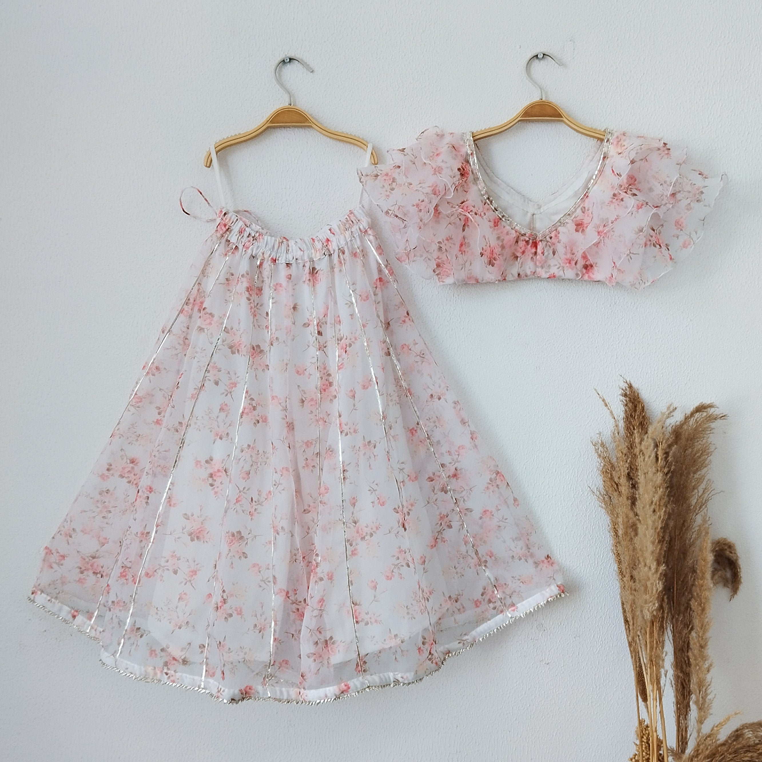 White Floral  Ruffle Organza Kids Crop-Top & Sharara