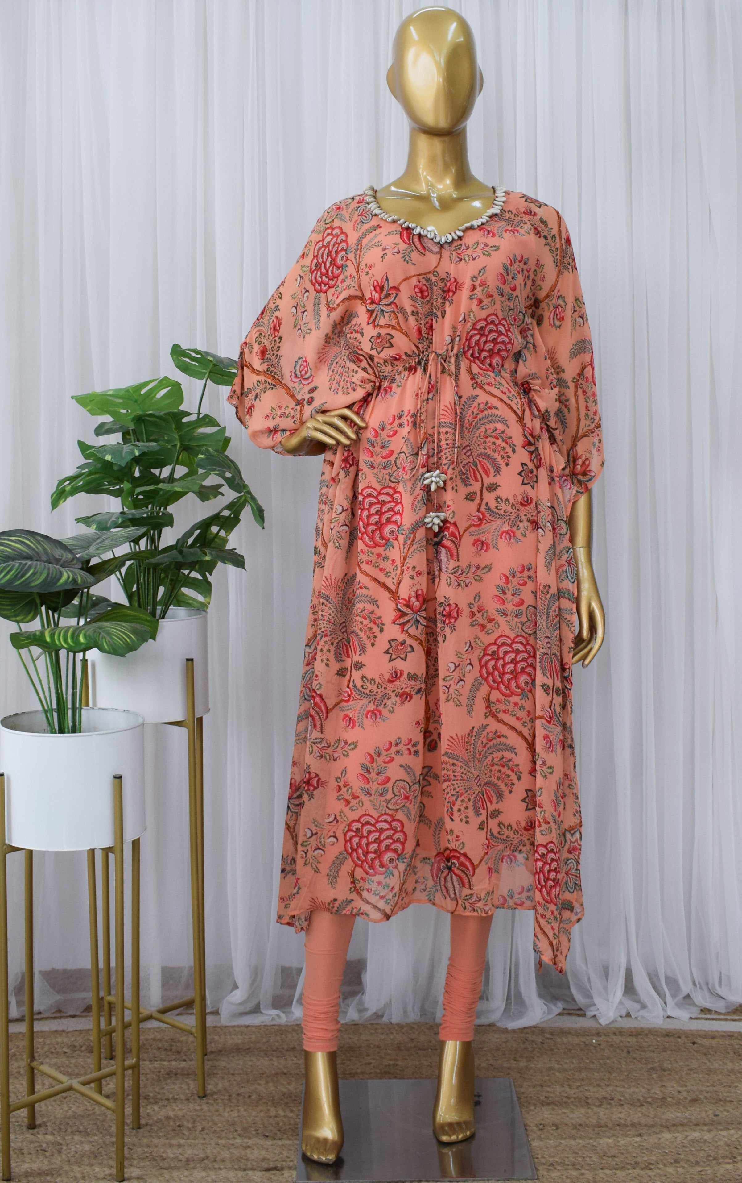 Peach Red Floral Printed Georgette Kaftan Set