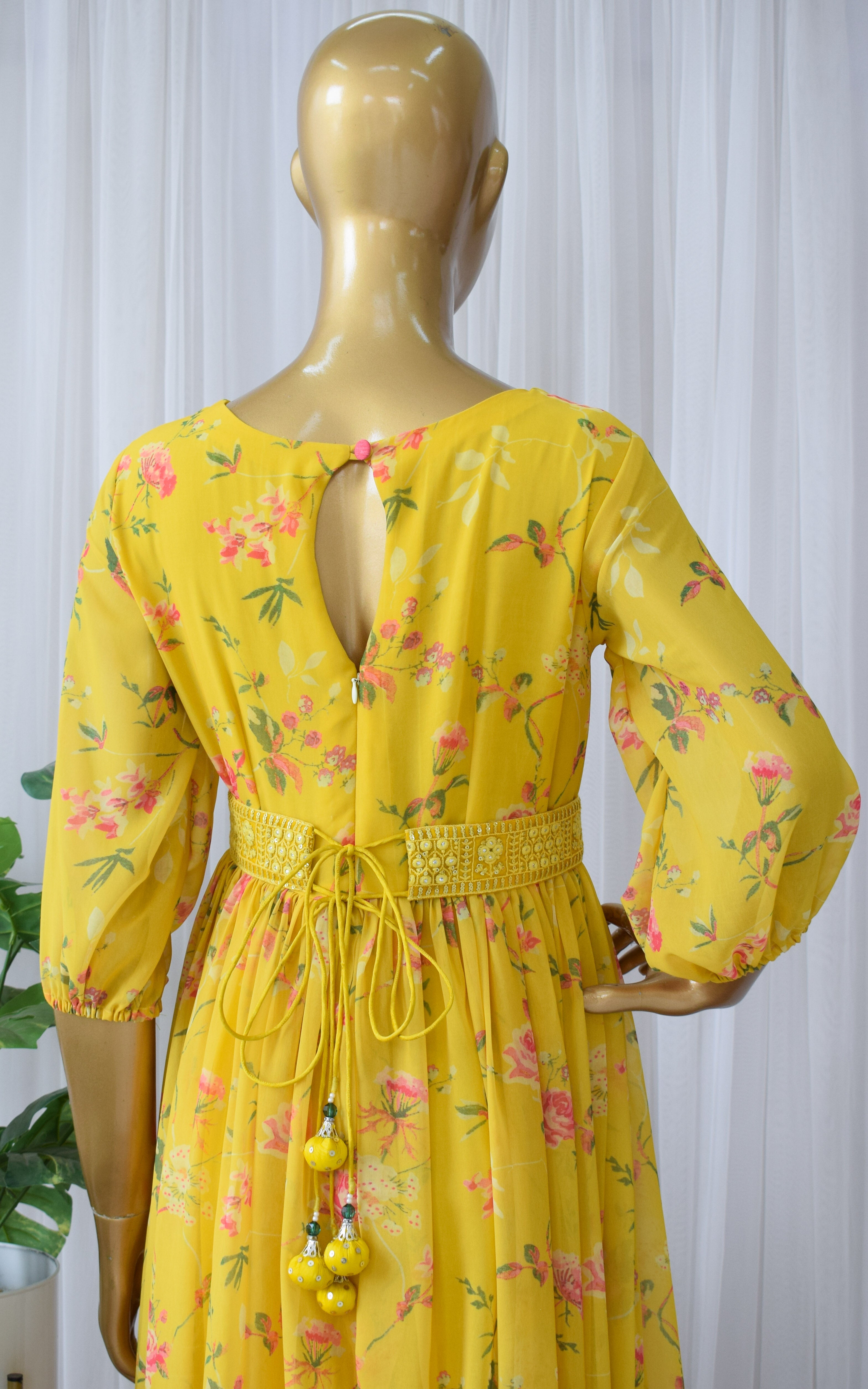 Yellow Rose Floral Printed Georgette Mirrorwork Jumpsuit