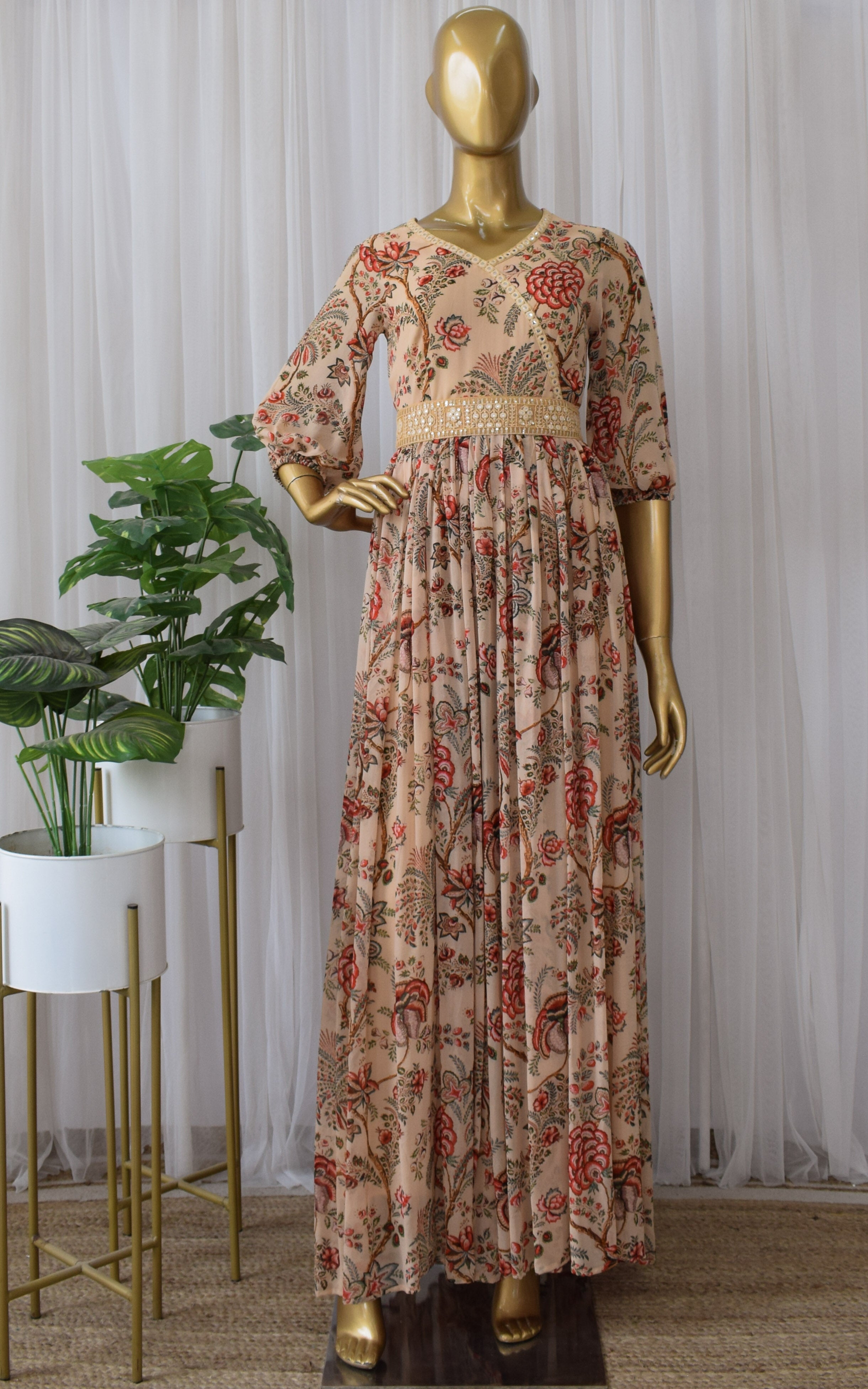 Beige Red Floral Printed Georgette Mirrorwork Jumpsuit