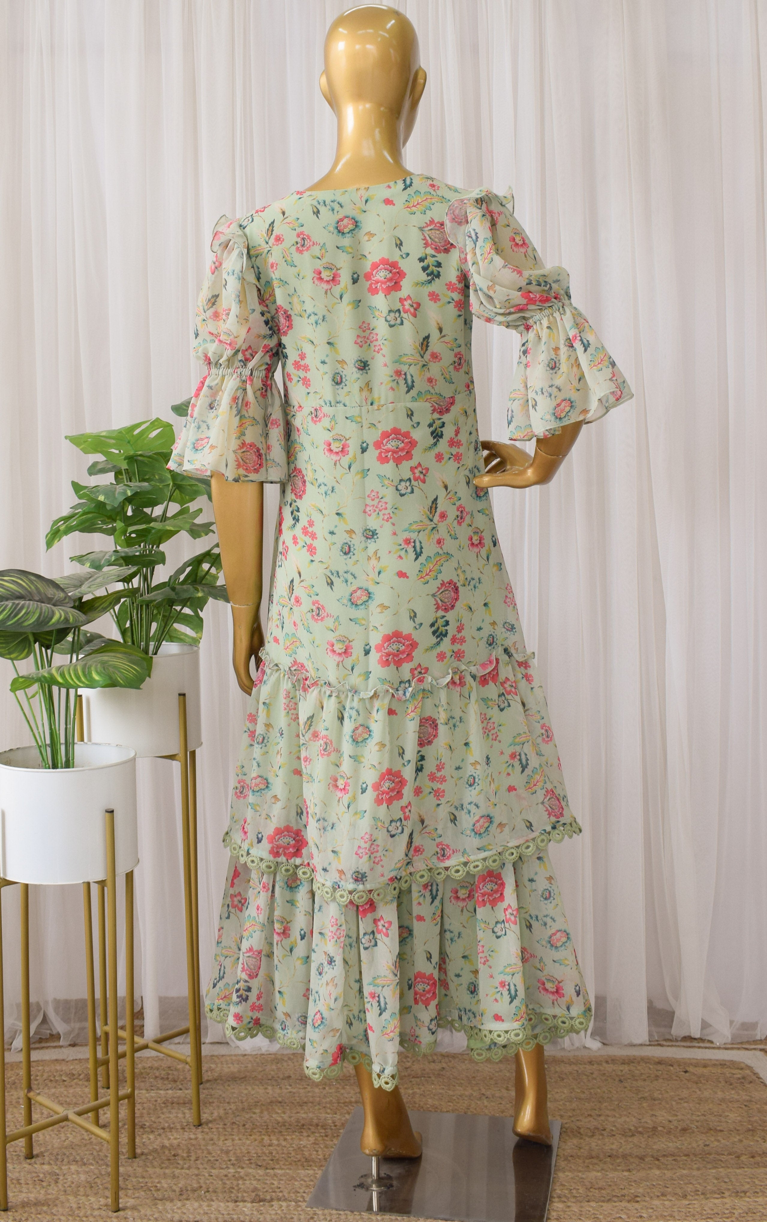 Sage Green Floral Printed Georgette Dress