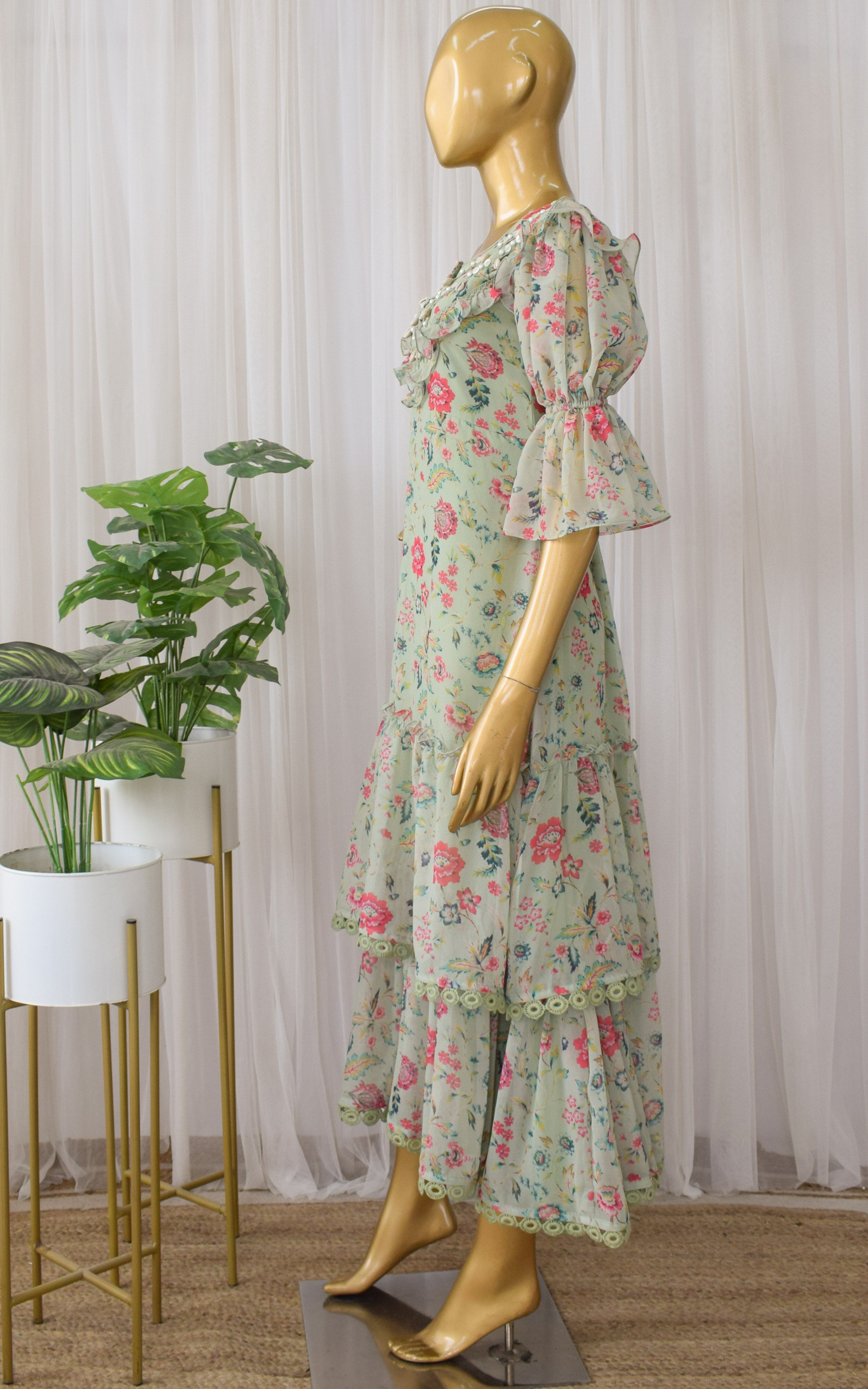 Sage Green Floral Printed Georgette Dress