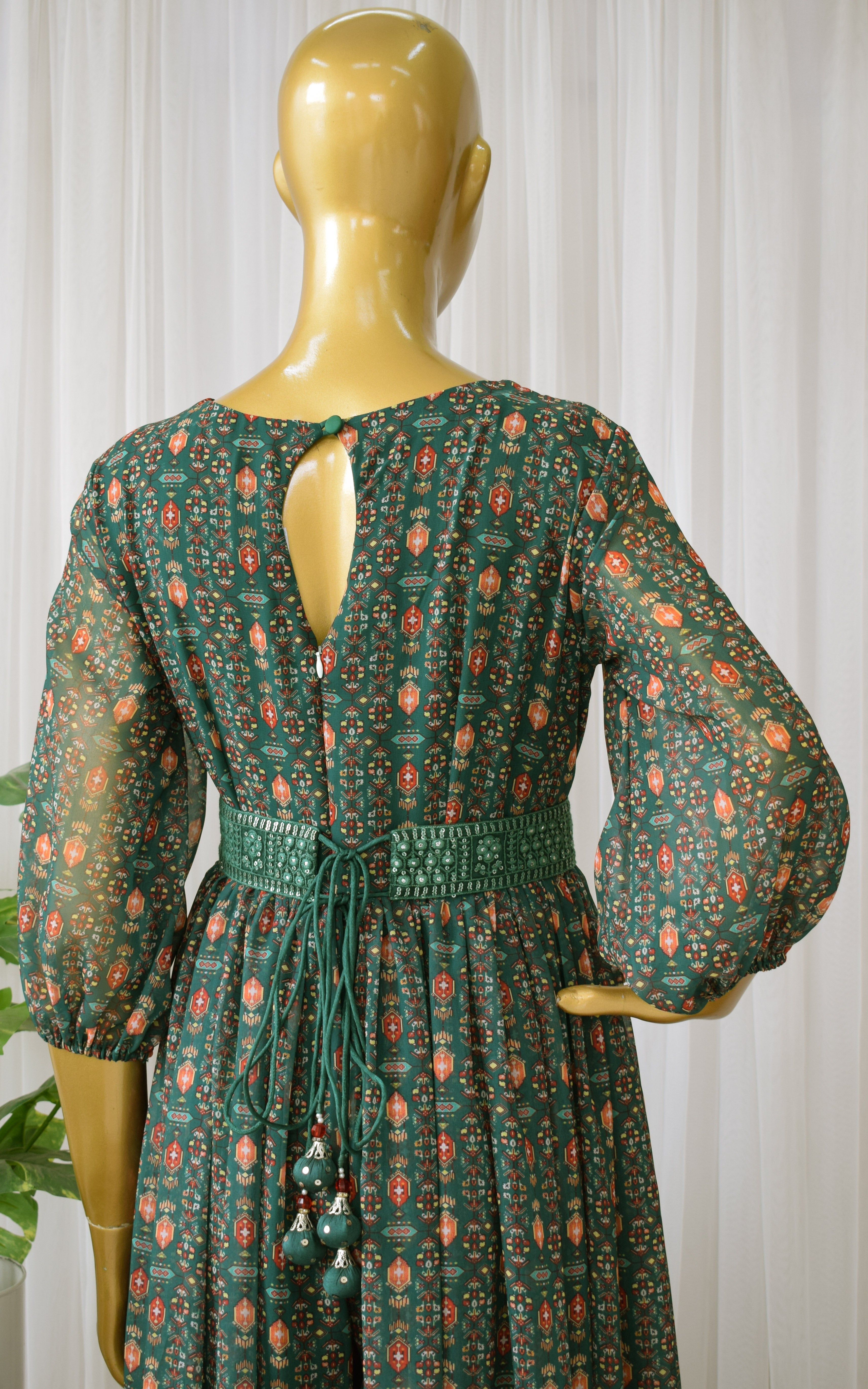 Green Vintage Printed Georgette Mirrorwork Jumpsuit