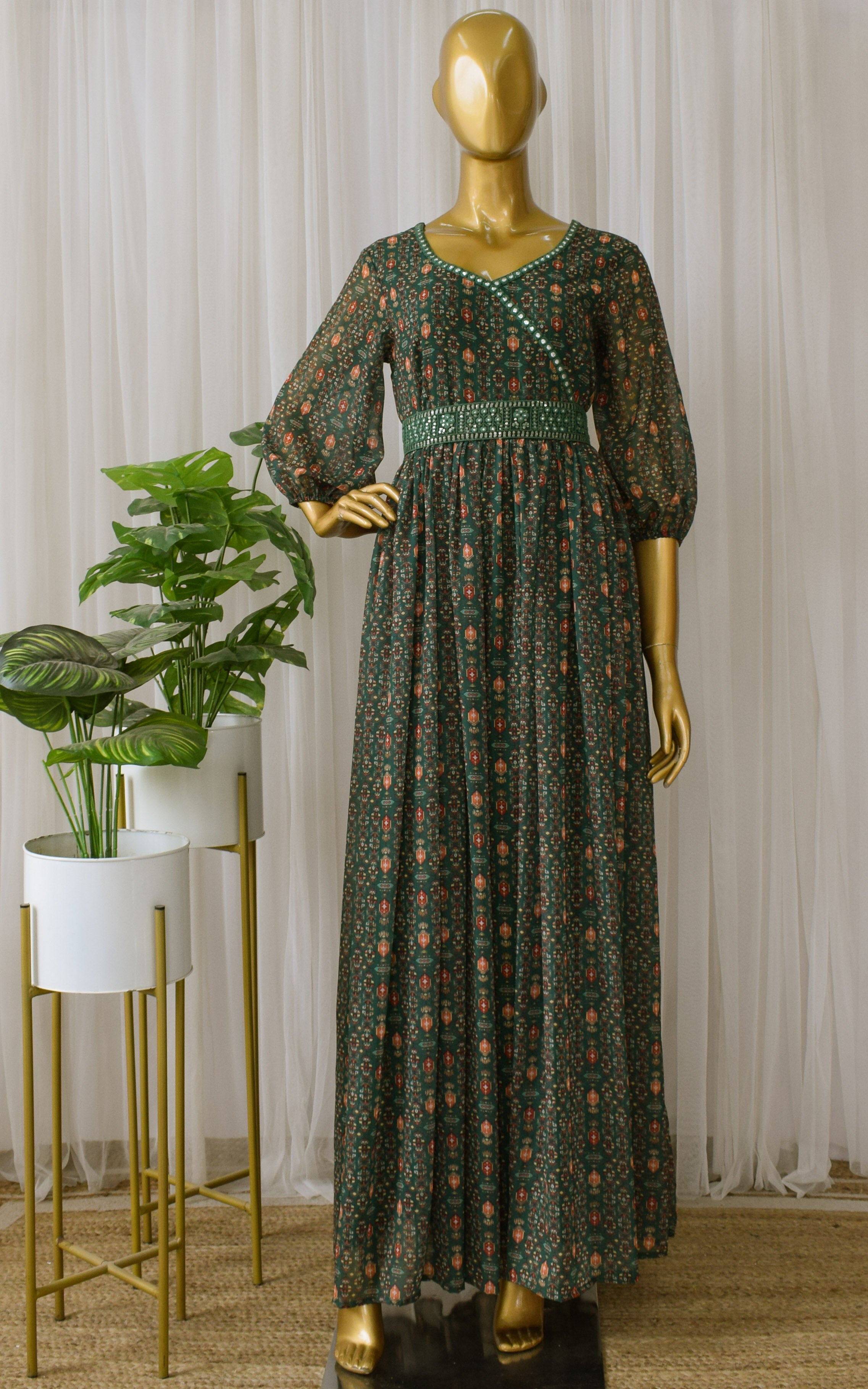 Green Vintage Printed Georgette Mirrorwork Jumpsuit