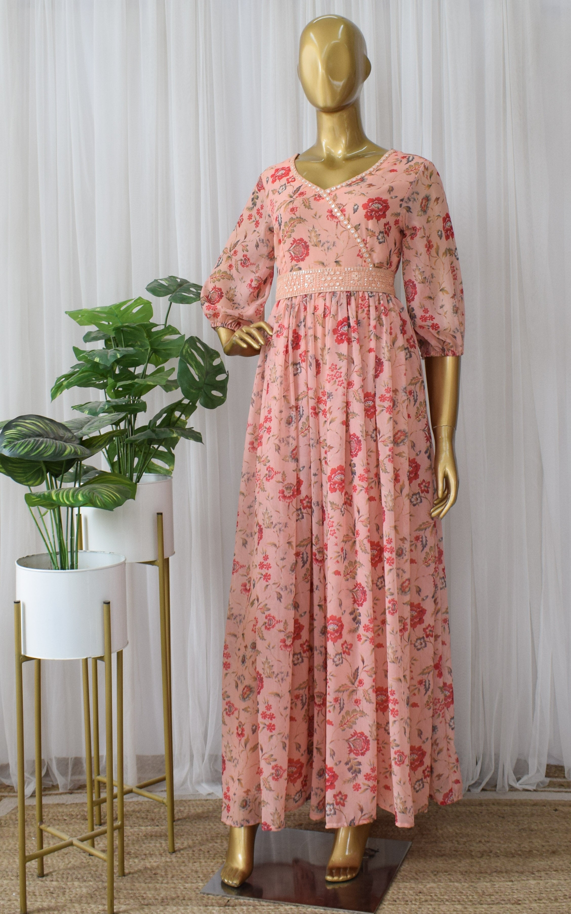 Peach Floral Printed Georgette Mirrorwork Jumpsuit