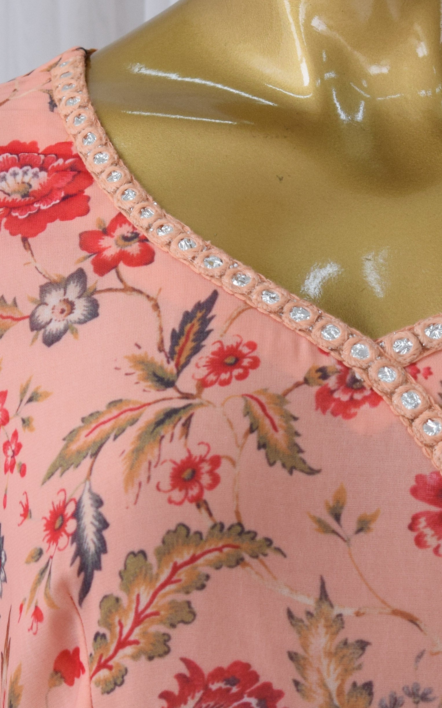 Peach Floral Printed Georgette Mirrorwork Jumpsuit