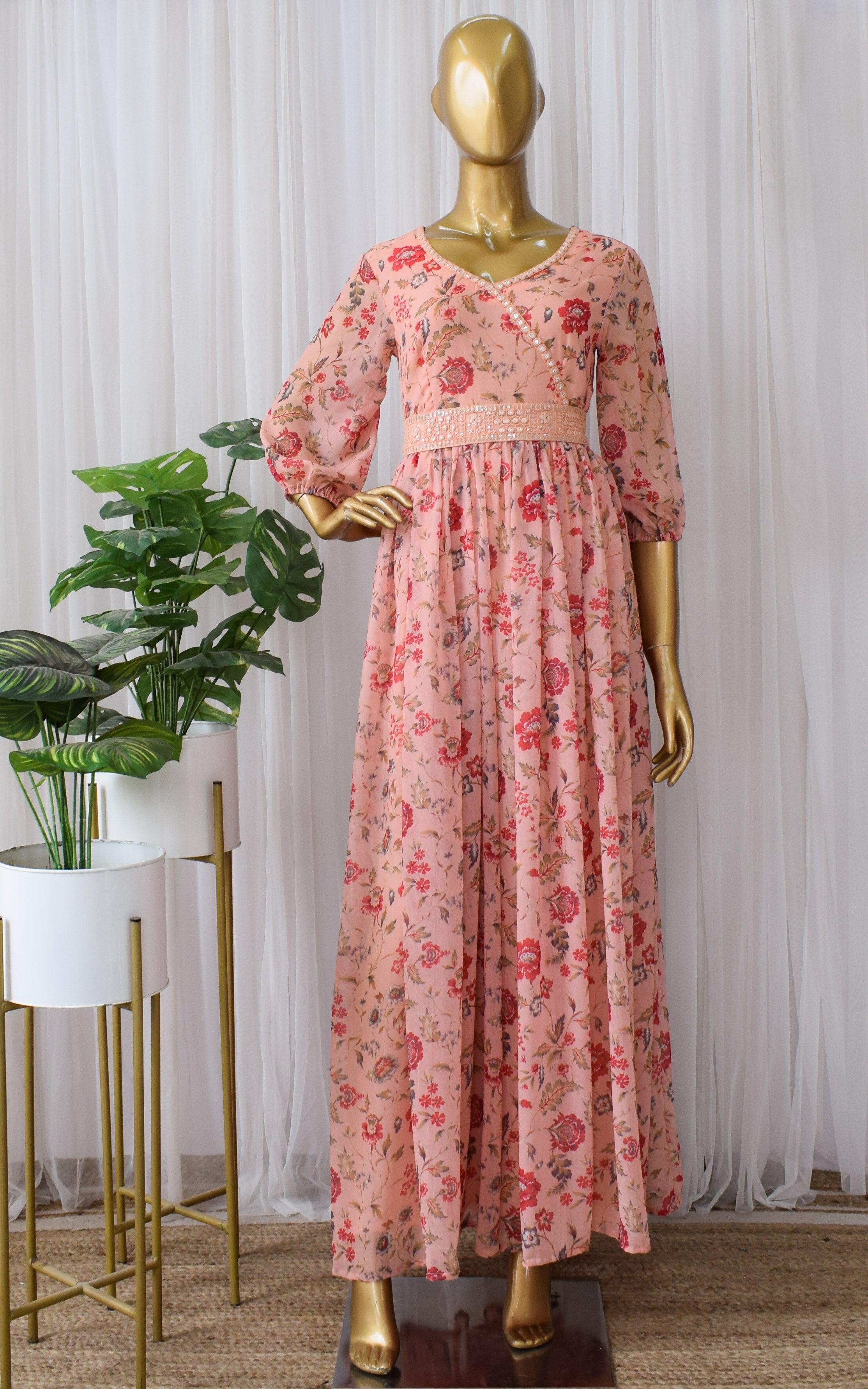 Peach Floral Printed Georgette Mirrorwork Jumpsuit