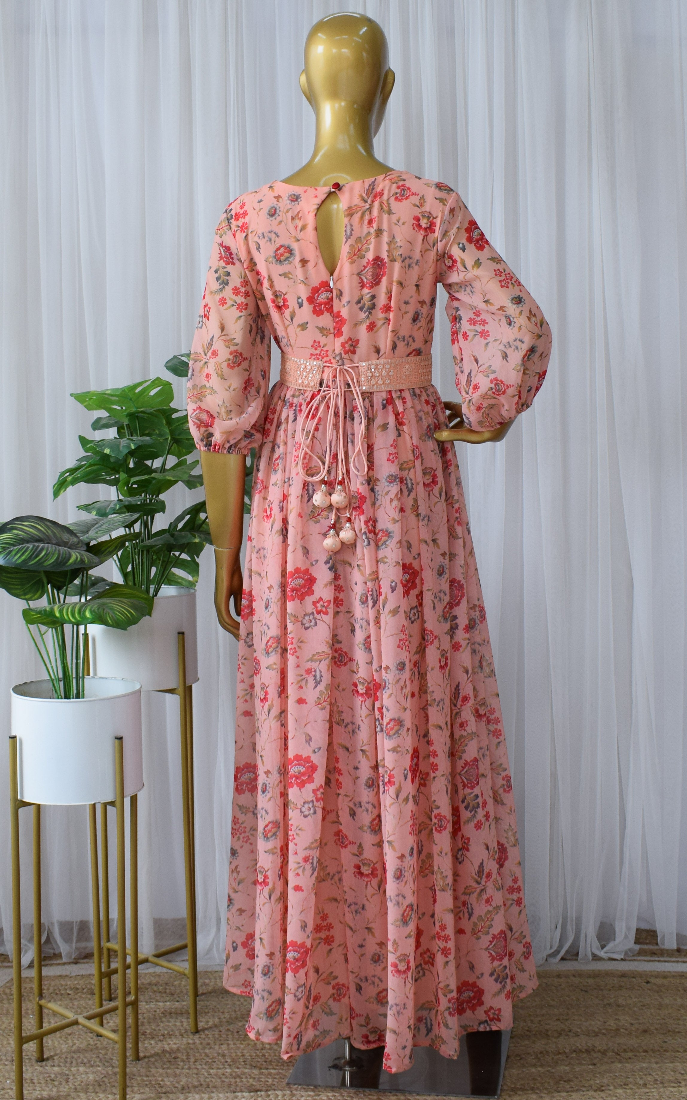 Peach Floral Printed Georgette Mirrorwork Jumpsuit