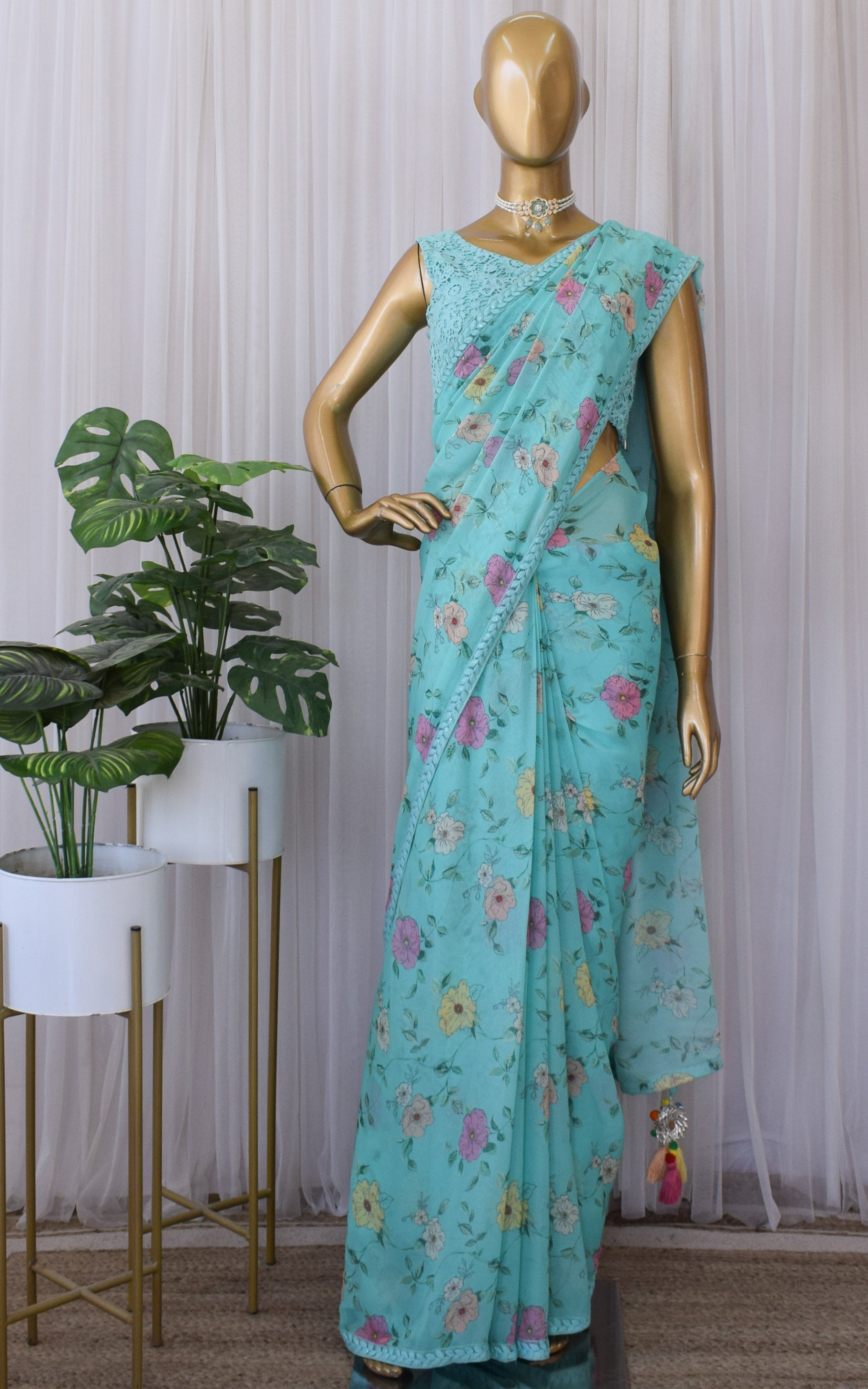 Sea Green Floral Printed Georgette Saree with Cutwork Blouse