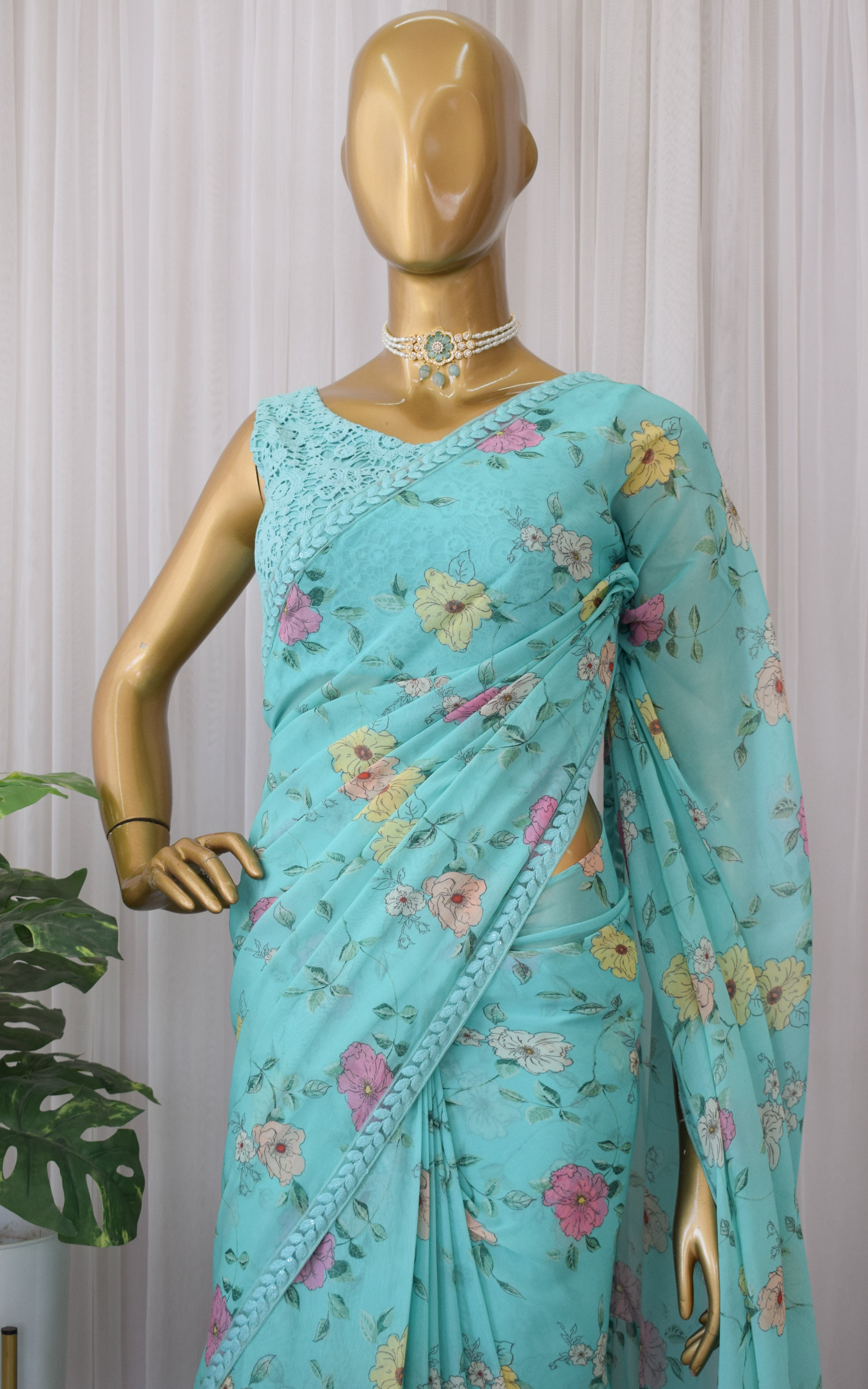 Sea Green Floral Printed Georgette Saree with Cutwork Blouse