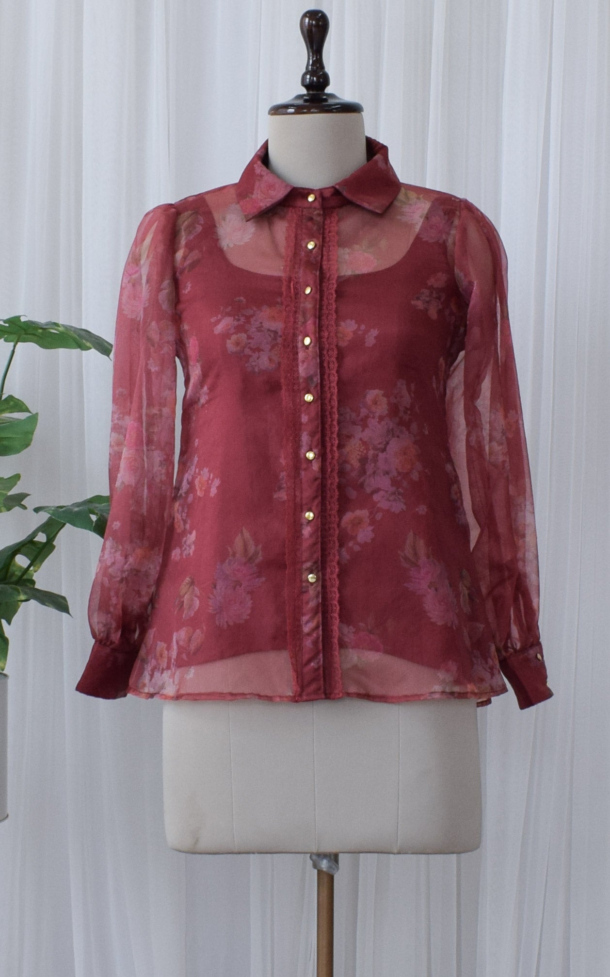 Wine Floral Print Organza Shirt