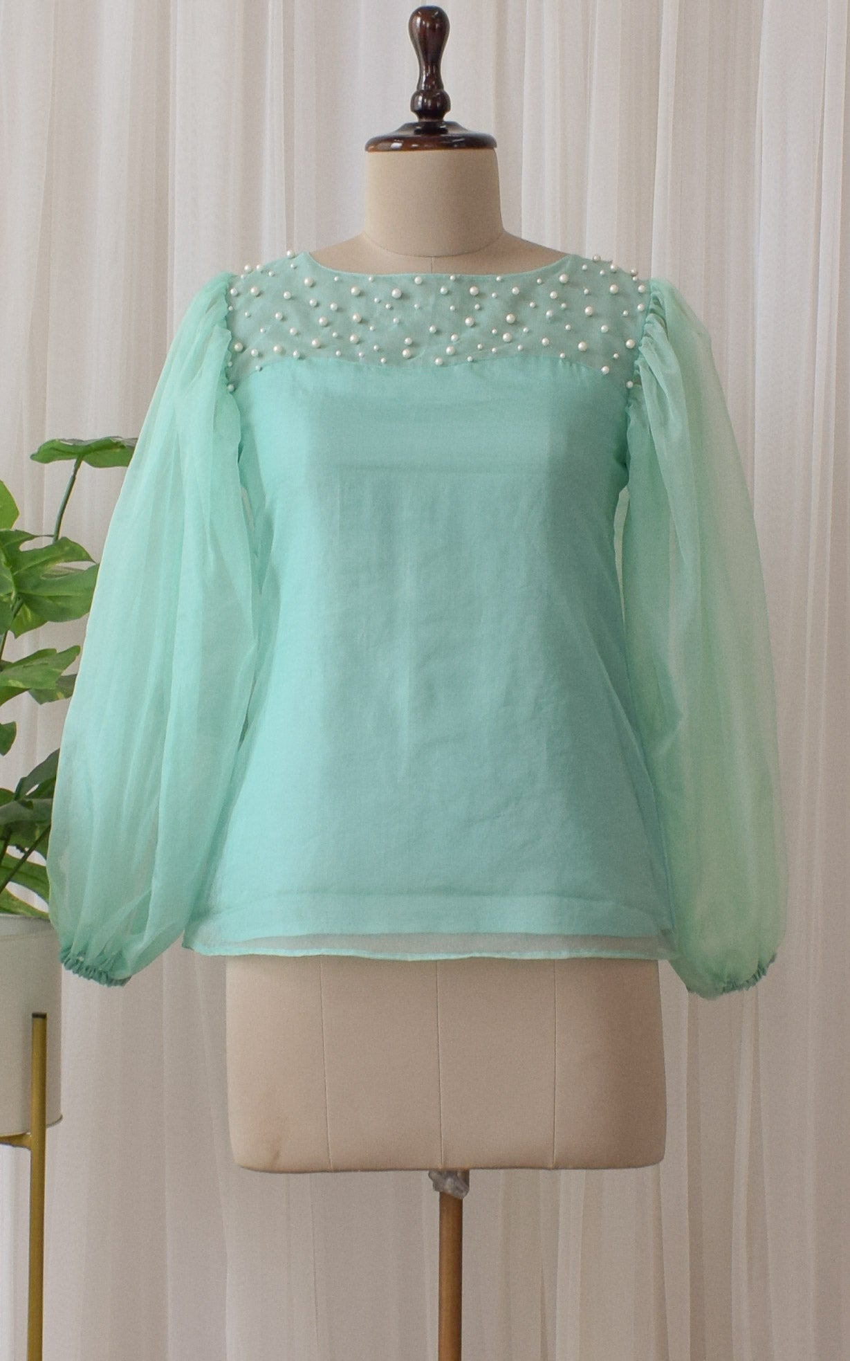 Mint Green Pearl Work Organza Top