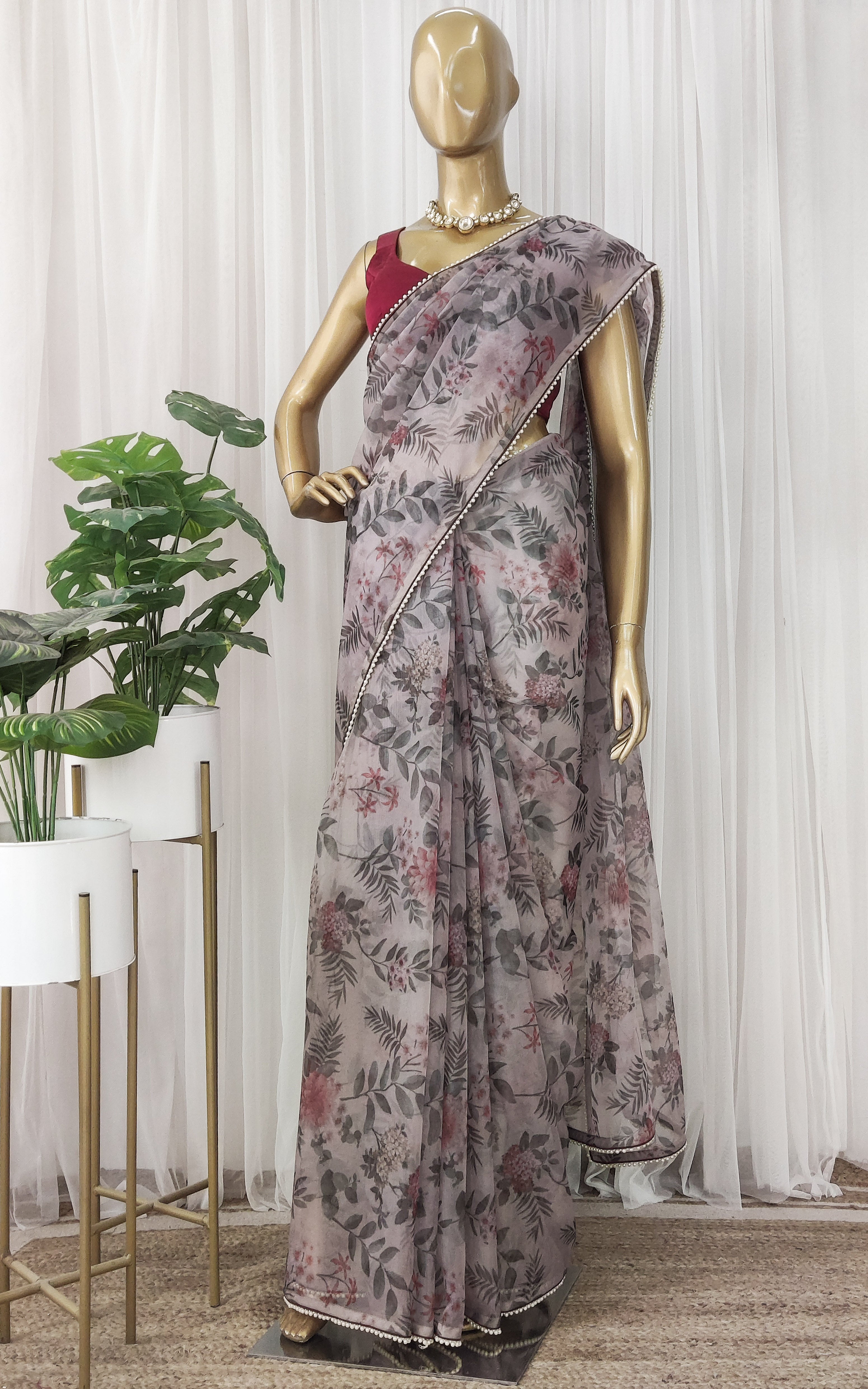 Dove Grey Foliage Print Organza Saree