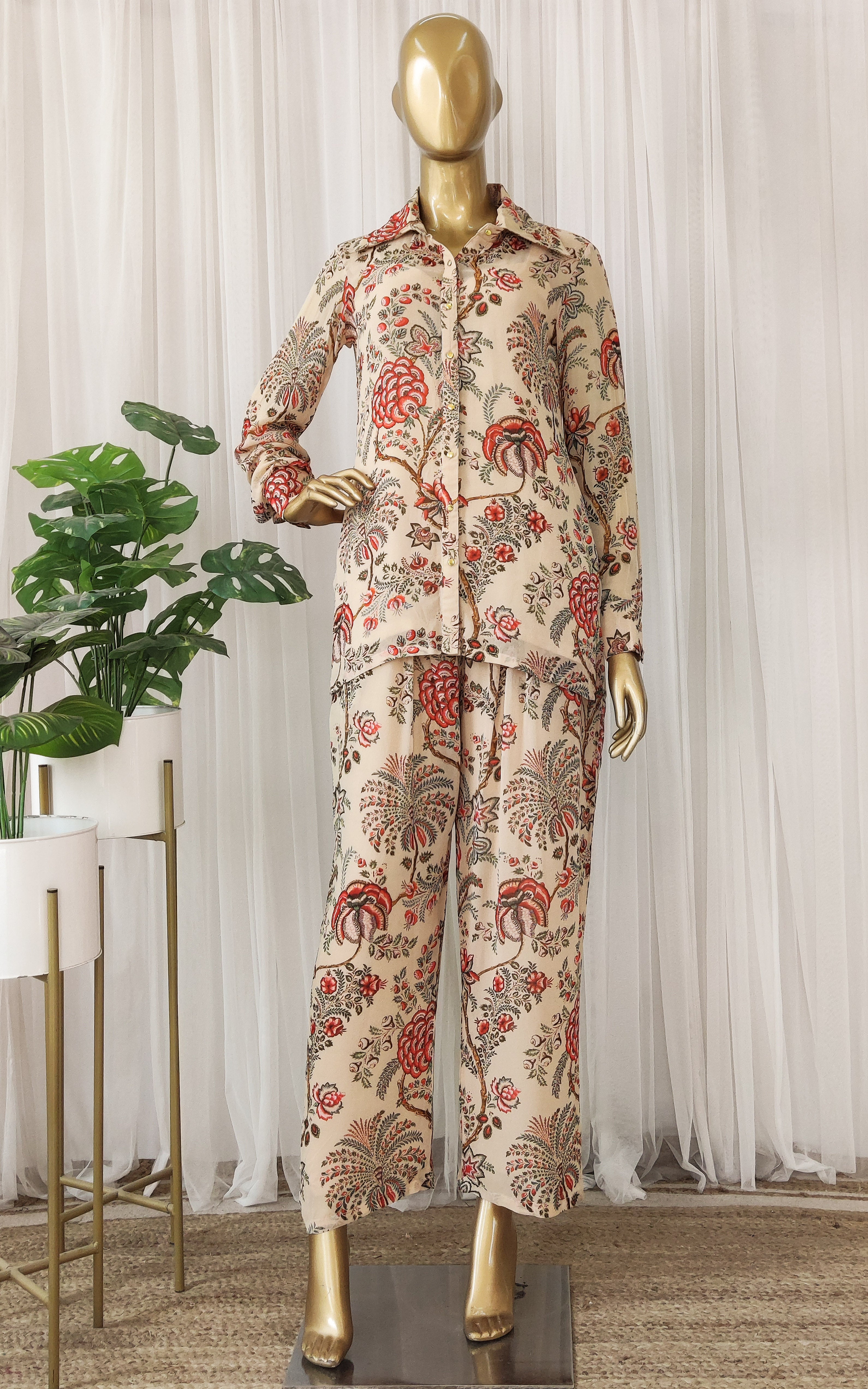 Beige Red Floral Printed Georgette Co-ord Set