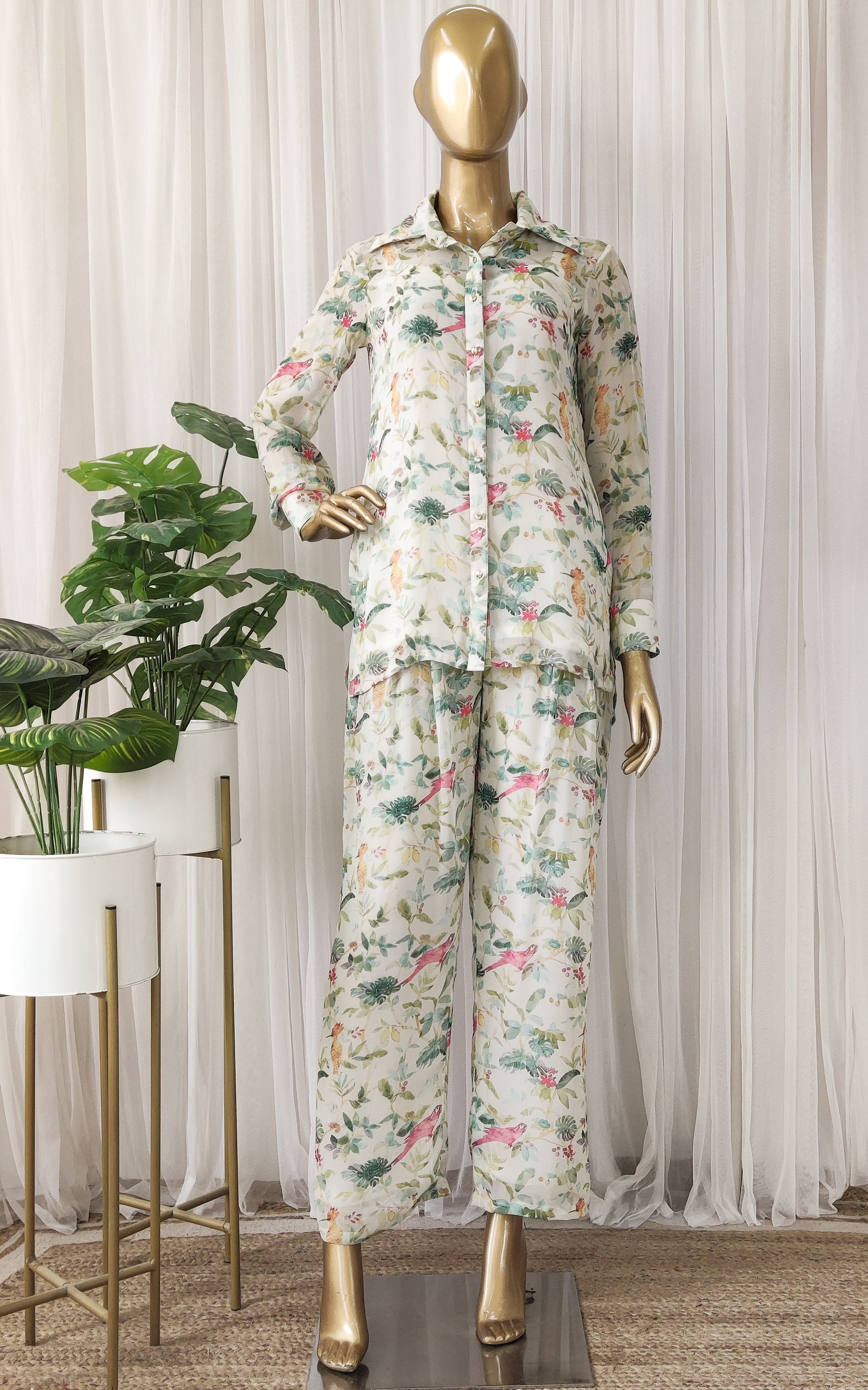 Off White Bird Printed Georgette Co-ord Set