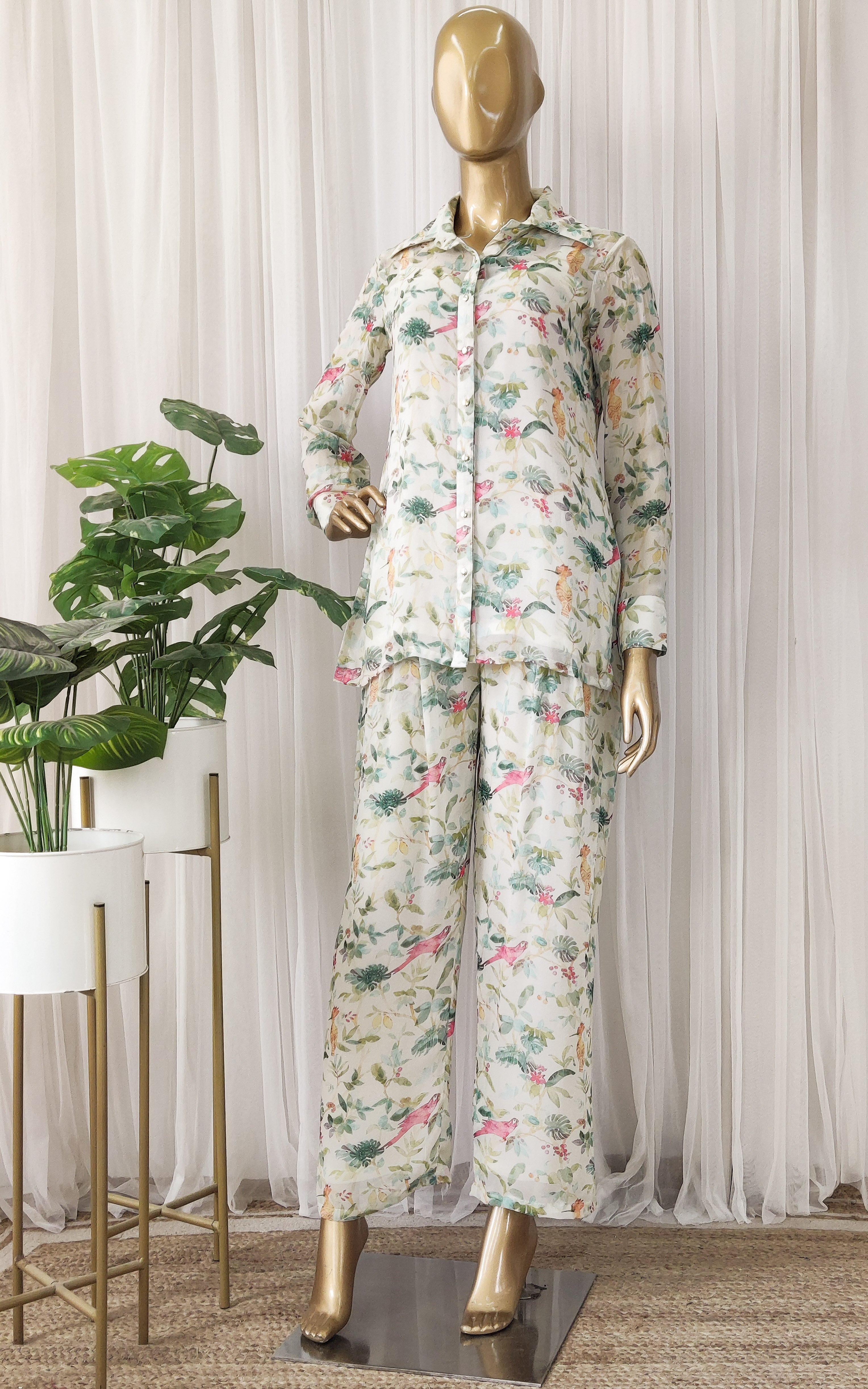 Off White Bird Printed Georgette Co-ord Set