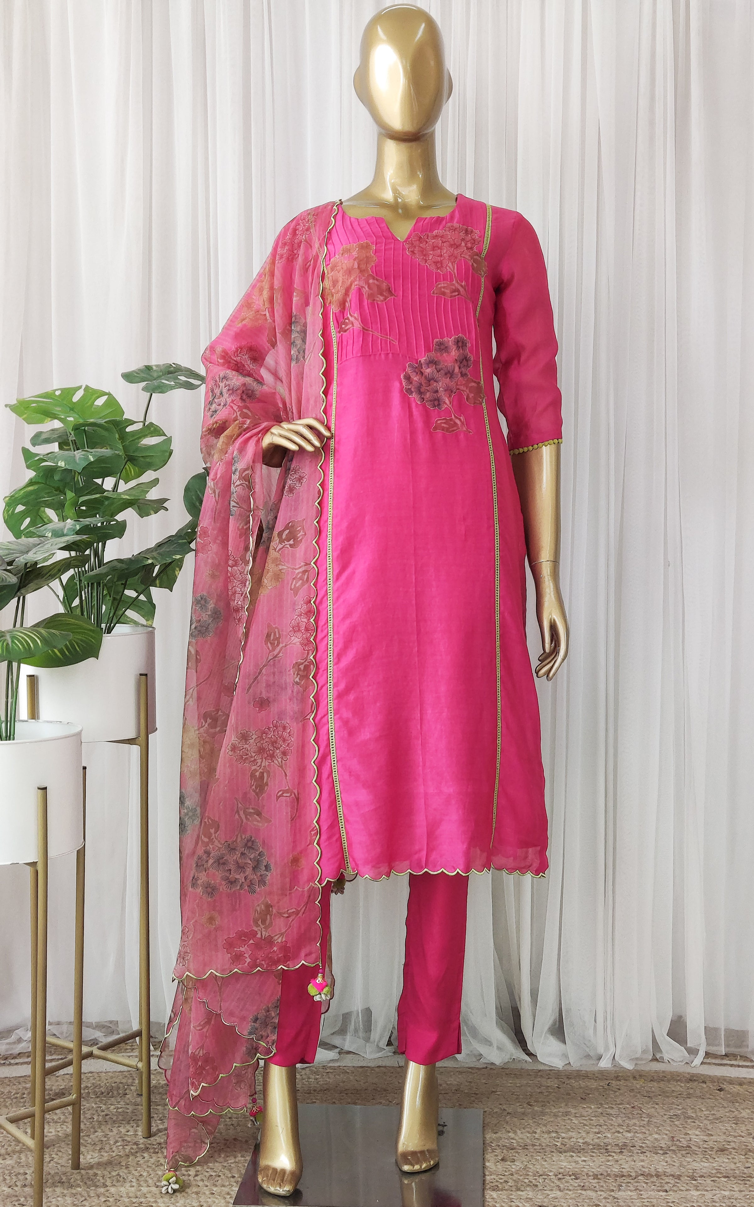 Pink Floral Printed Floral Chanderi Silk Anarkali Kurta With Dupatta